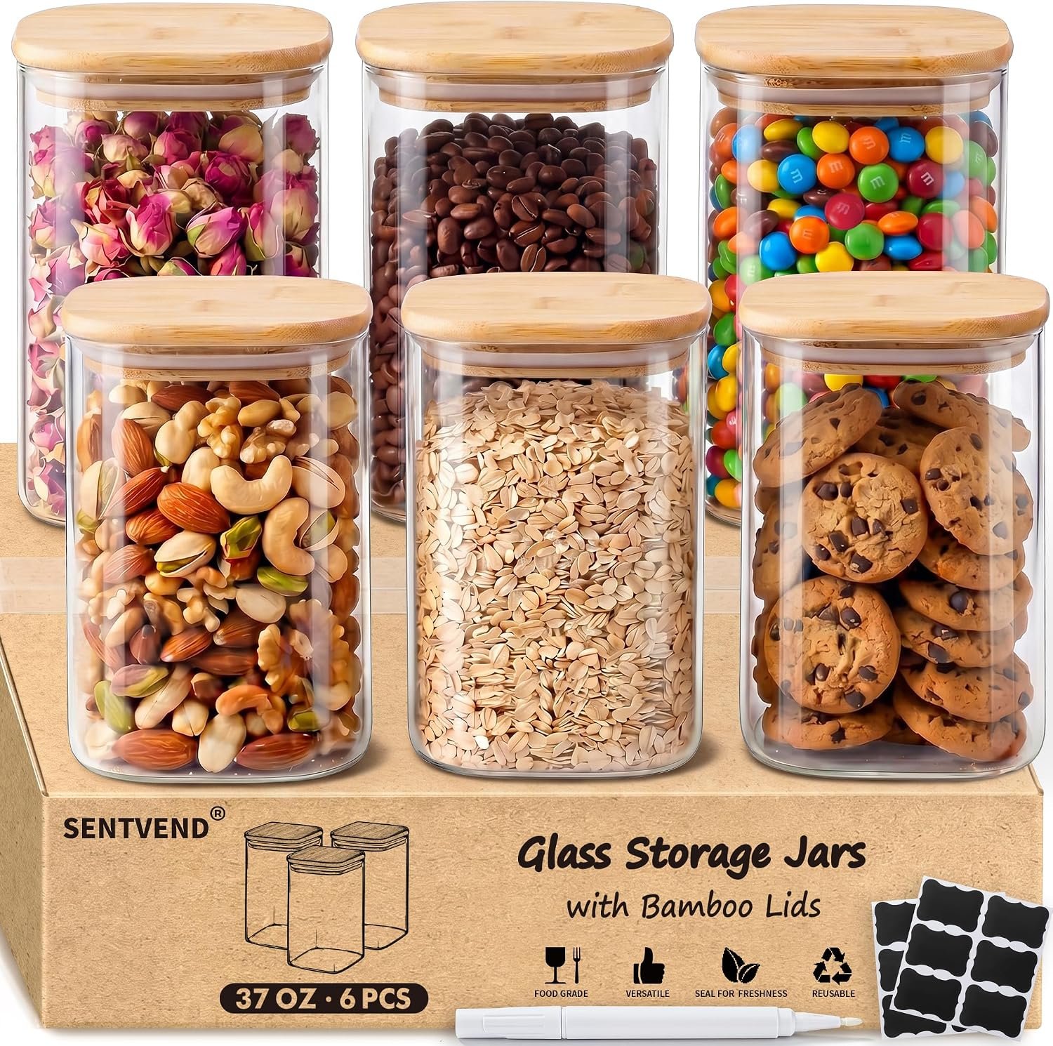 SENTVEND 37 Oz Glass Jars – 6 Pack Food Storage Containers with Lids Square
