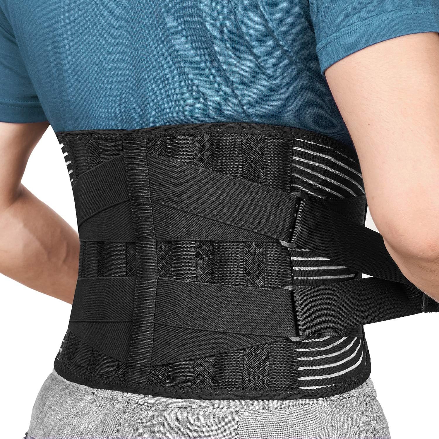 FREETOO Back Braces for Lower Back Pain Relief with 6 Stays, Breathable Back Support Belt for Men/Women for work, Anti-skid lumbar support belt with 16-hole Mesh for sciatica(Waist Size:45.3”-55”)