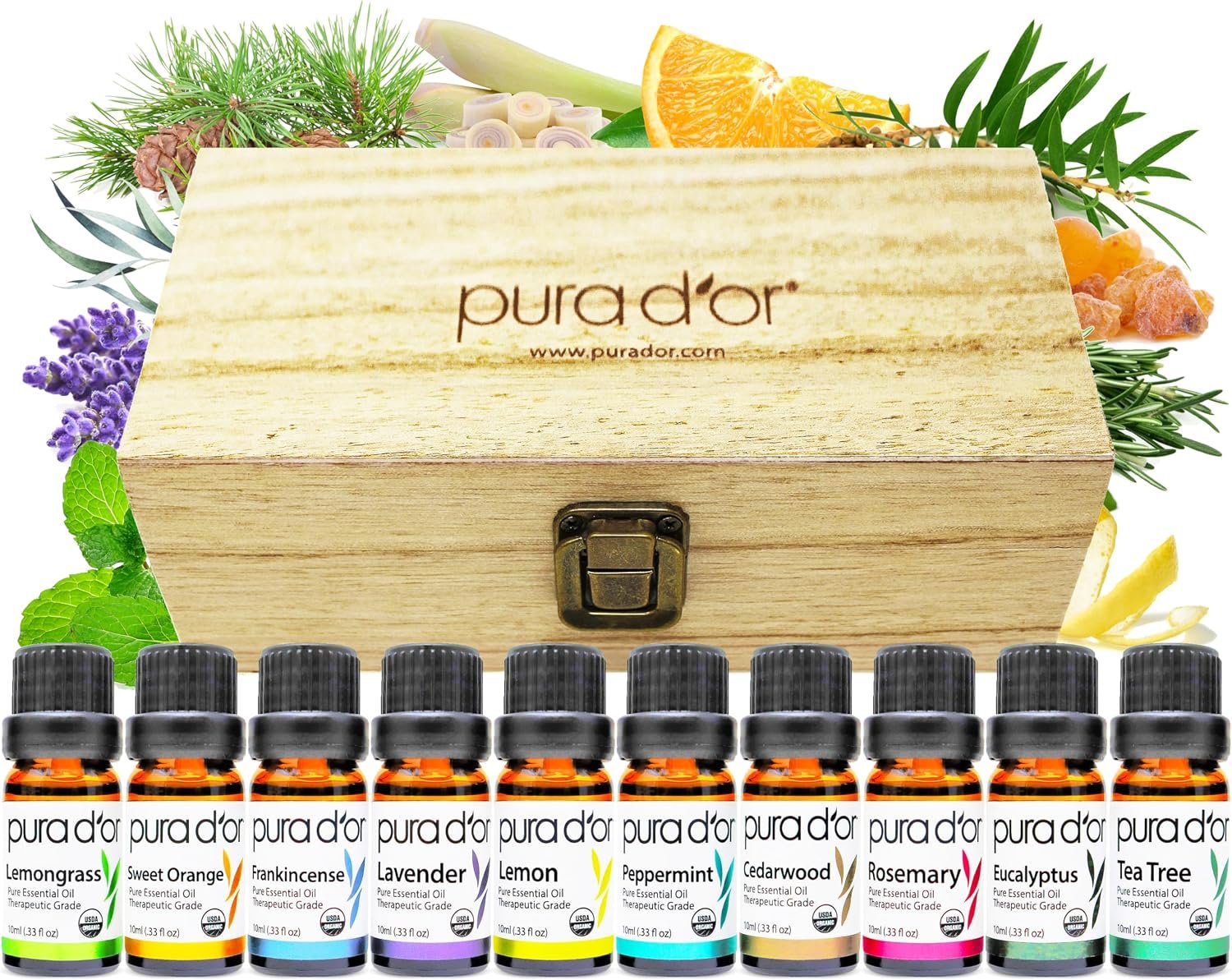 PURA D’OR Organic Perfect10 Essential Oils Aromatherapy Box Set, 10mL x10