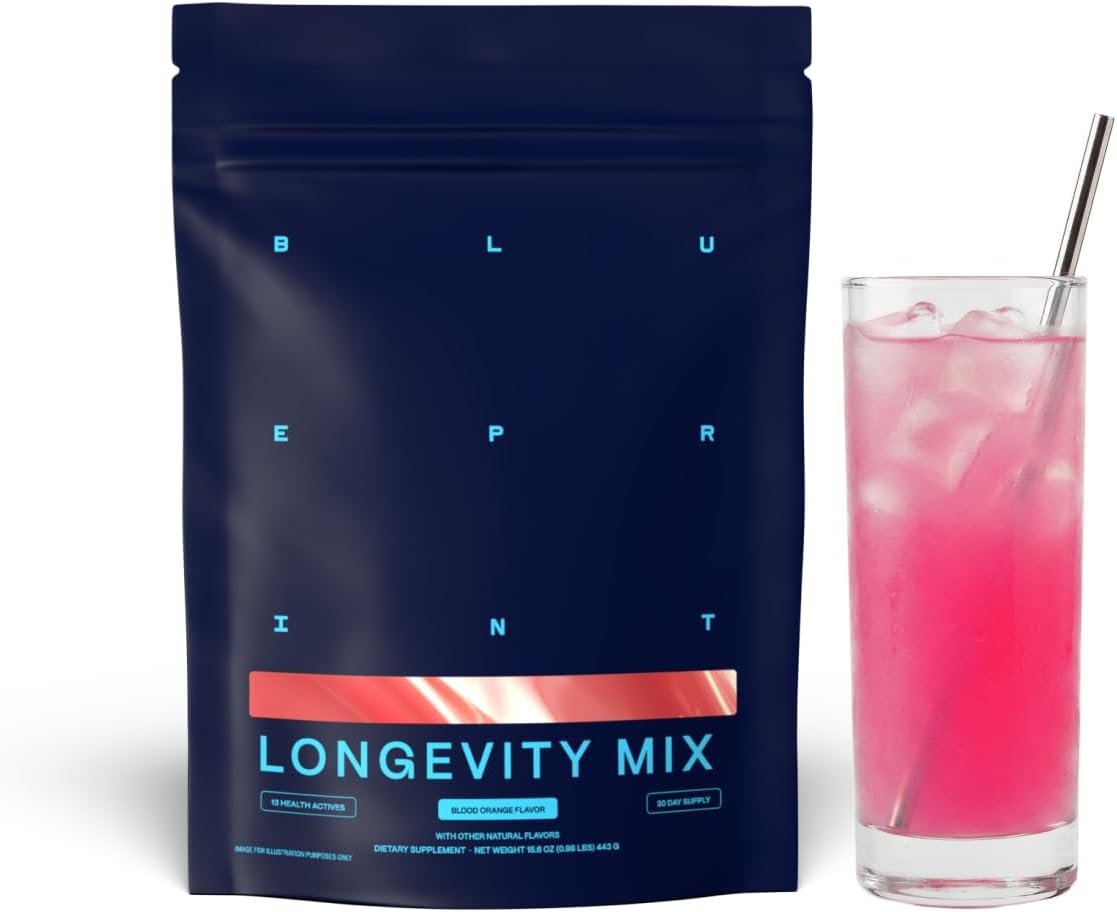Blueprint Bryan Johnson Longevity Mix – Muscle Builder & Recovery Supplement – Promotes Focus and Balanced Mood – Magnesium, Creatine, L-Theanine, Glutathione & Vitamin C- 30 Servings, Blood Orange