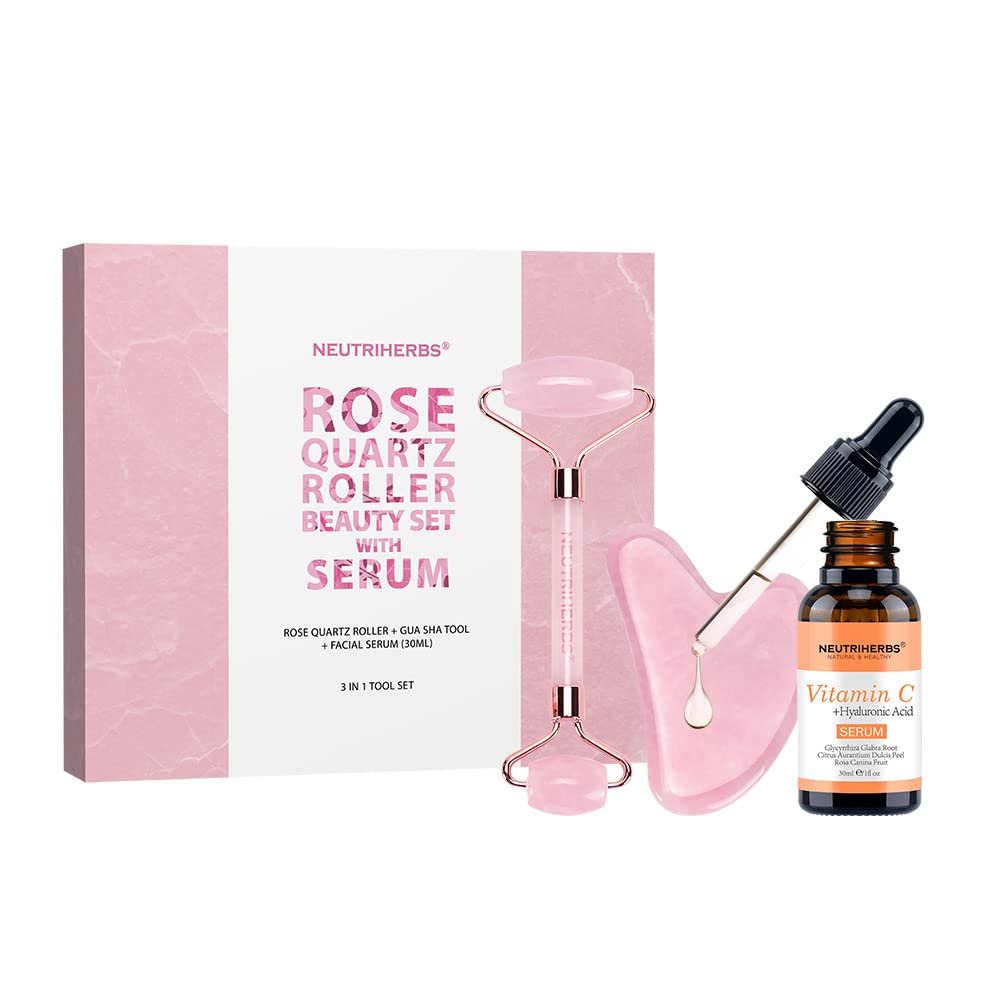 NEUTRIHERBS Jade Gua Sha & Face Roller & Vitamin C Serum Facial Tool Set(3 in 1 Kit), Home Face Massager for Wrinkle,Fine Line,Puffiness,Firm Smooth Relax Skin — Pink