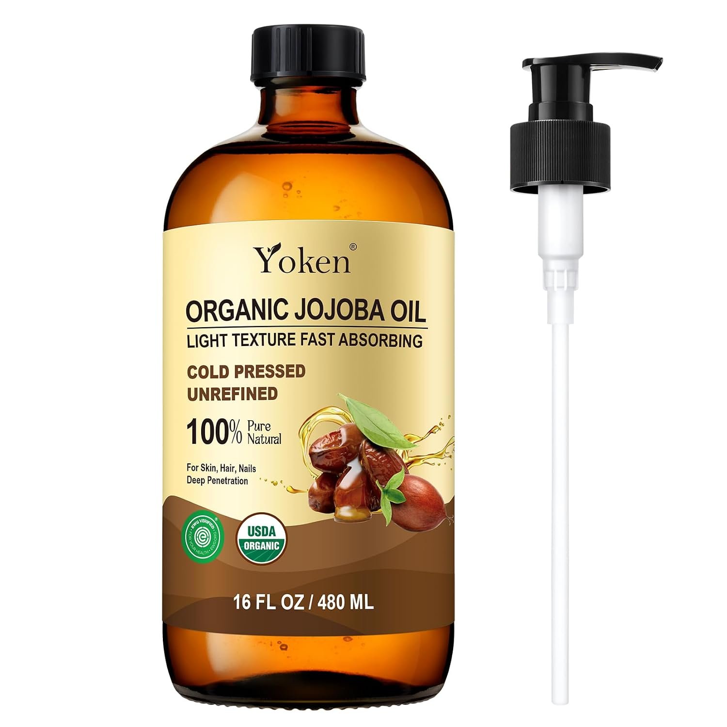 Yoken Organic Jojoba Oil Glass Bottle 16oz, USDA Certified for Skin Care