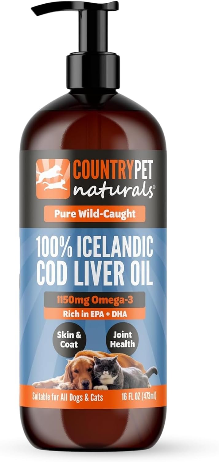 Wild-Caught Pure Icelandic Cod Liver Oil for Dogs & Cats,1150 mg Omega-3 per TSP, High EPA & DHA, Natural Vitamins A & D, Supports Healthy Skin & Coat & Mobility, Single-Ingredient, 100% Pure