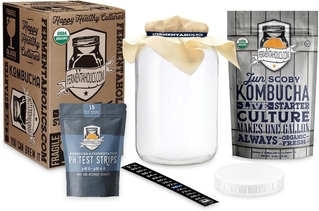 Fermentaholics Jun Kombucha Essentials Kit – ORGANIC JUN SCOBY (starter culture) + 1-Gallon Glass Fermenting Jar, Breathable Cover, Rubber Band, & Adhesive Thermometer – Brew jun kombucha at Home