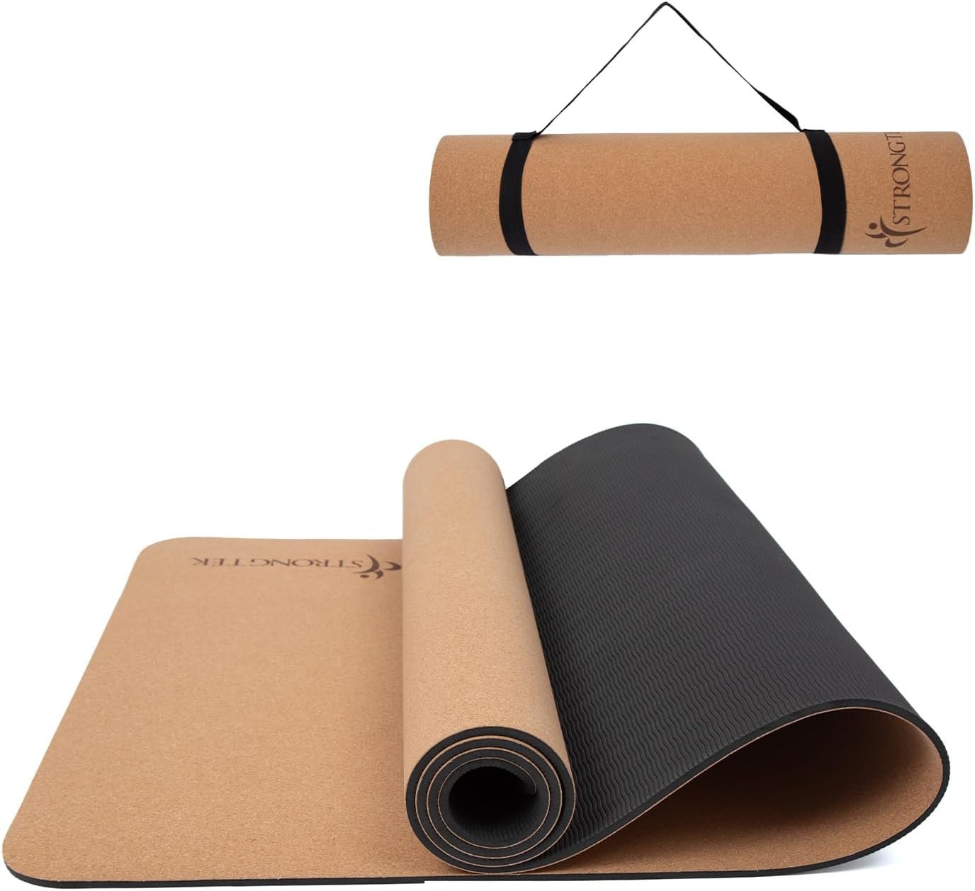 StrongTek Cork Yoga Mat, Eco-Friendly, TPE Base, 7 mm, 72 x 24 in