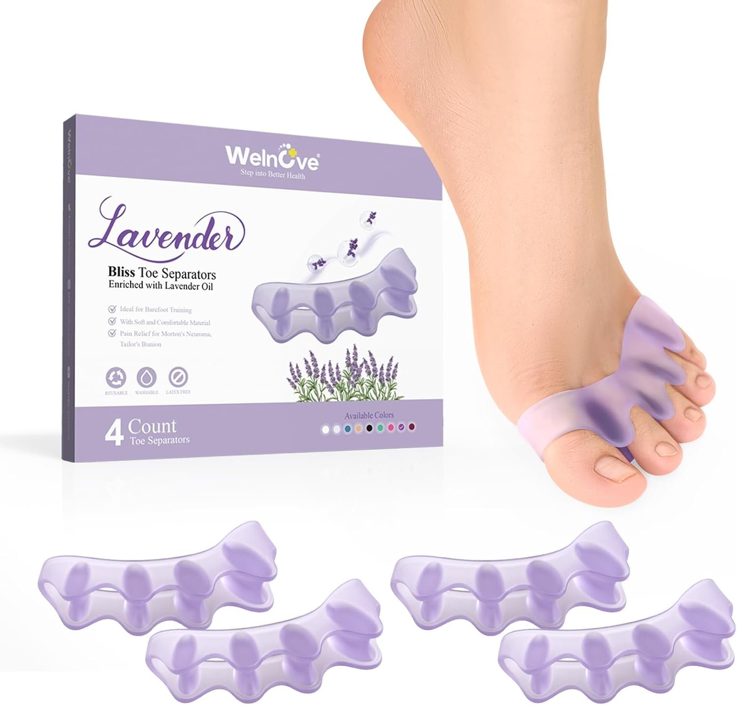 Welnove Toe Separators Spacers for Women – Toe Spacers with Lavender Extract, Toe Straightener for Women Men -Bunion Corrector Toe Stretcher for Yoga Practice – Lavender, 4 Pack