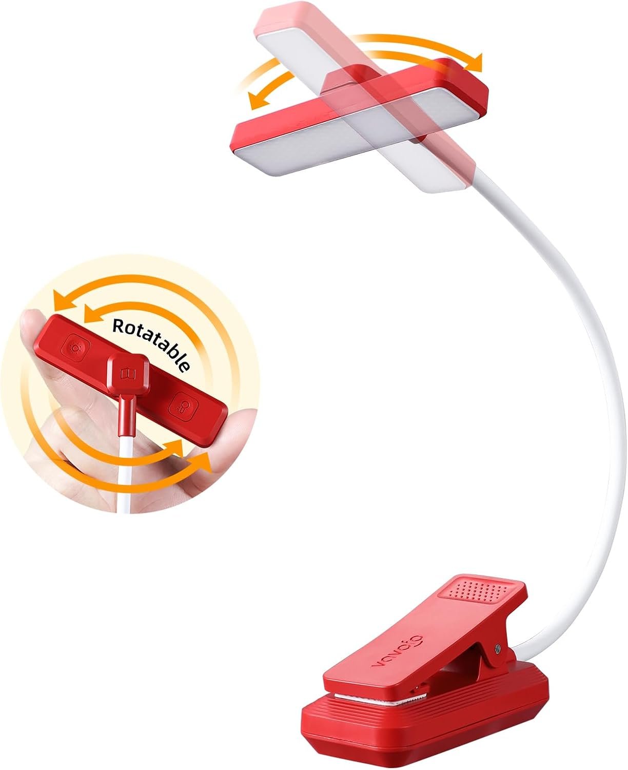 VAVOFO 24 LEDs Rotatable Book Light, Rechargeable Clip Reading Lamp, Red