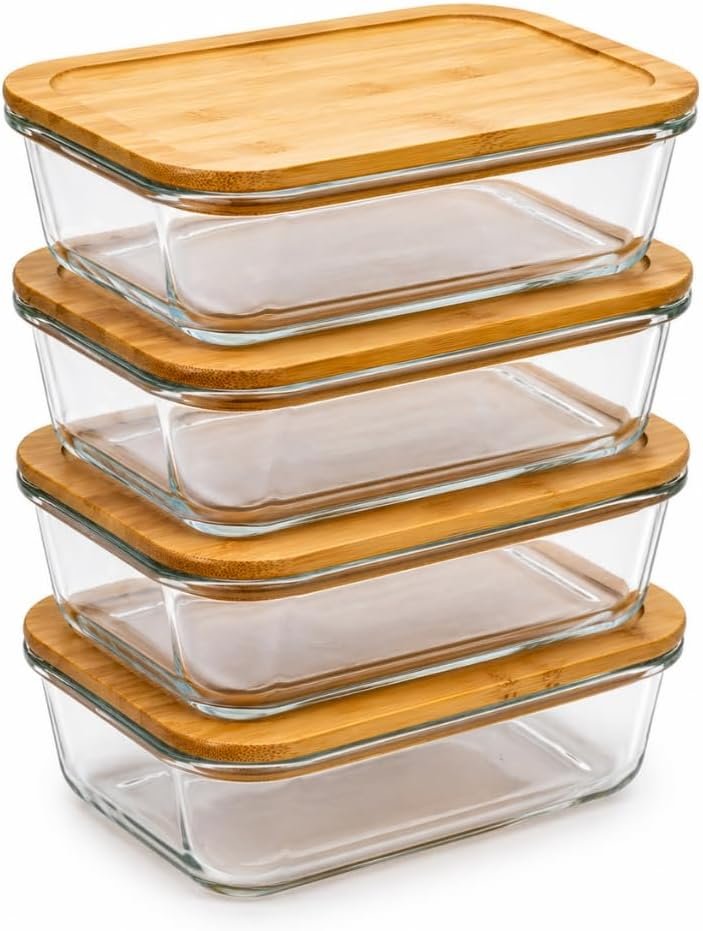 Kitchen Details Glass Food Storage Containers with Bamboo Lids | 4 Pack | 12.5 oz / 370 mL Rectangular Containers | Home | Apartments | Restaurants | Prep