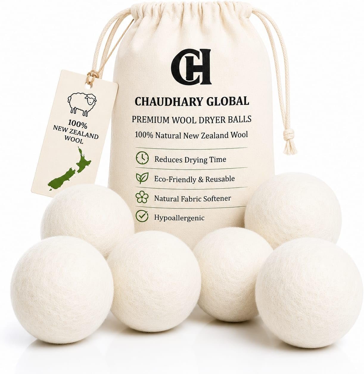 Wool Dryer Balls XL 6-Pack – 100% New Zealand Wool, Reusable Natural Fabric Softener, Reduces Drying Time, Static & Wrinkles, Eco-Friendly Laundry Balls