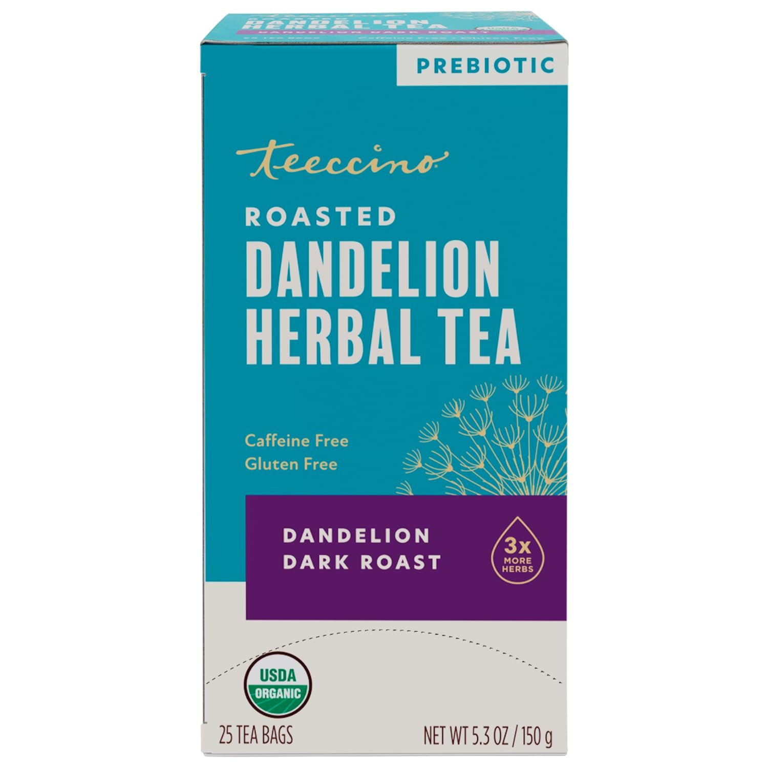 Teeccino Dandelion Herbal Tea – Dark Roast – 25 Tea Bags, Caffeine-Free, Roasted Herbal Tea with Prebiotics, 3x More Herbs than Regular Tea Bags, Gluten Free