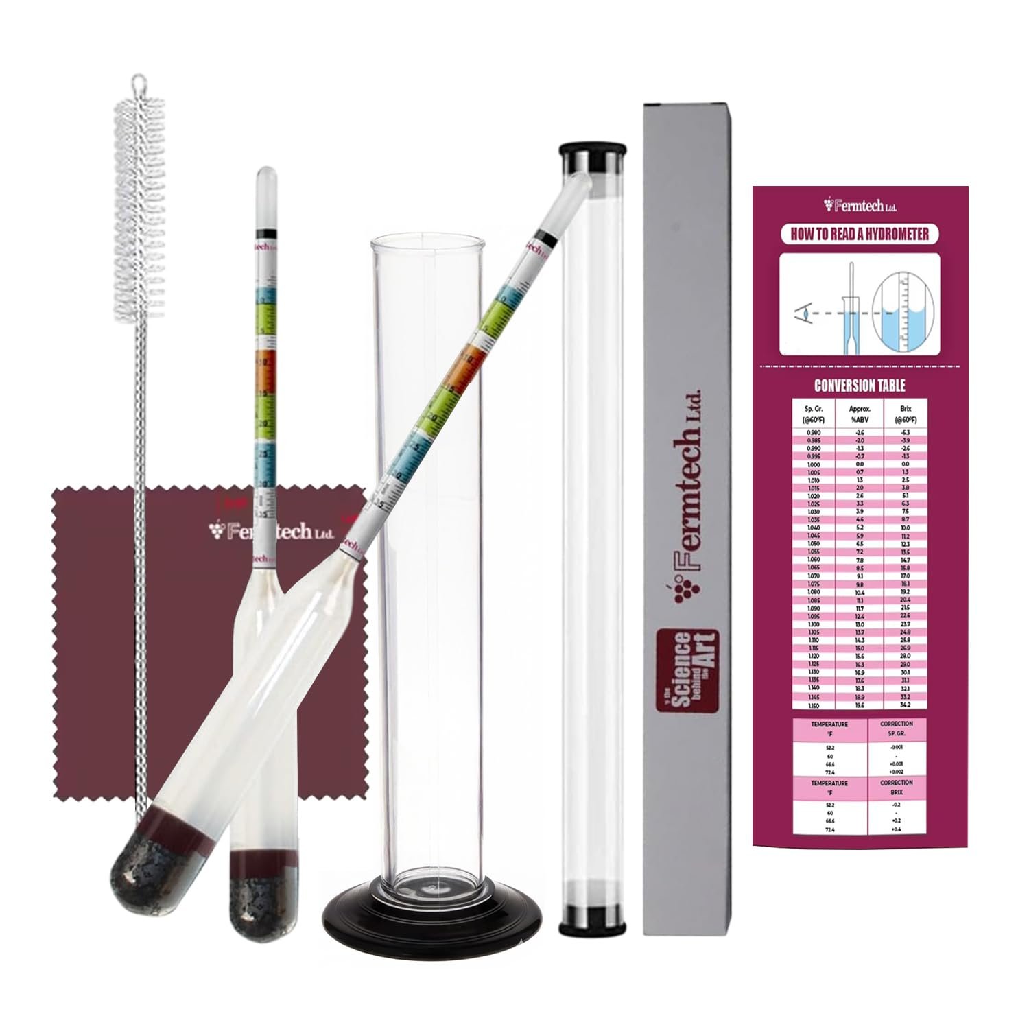 Fermtech Glass Triple Scale Hydrometer Kit – Test ABV, Brix, Gravity for Wine, Beer, Mead & Kombucha, with Microfiber Cloth & Storage Case, Easy Home Brewing Tool for All Experience Levels