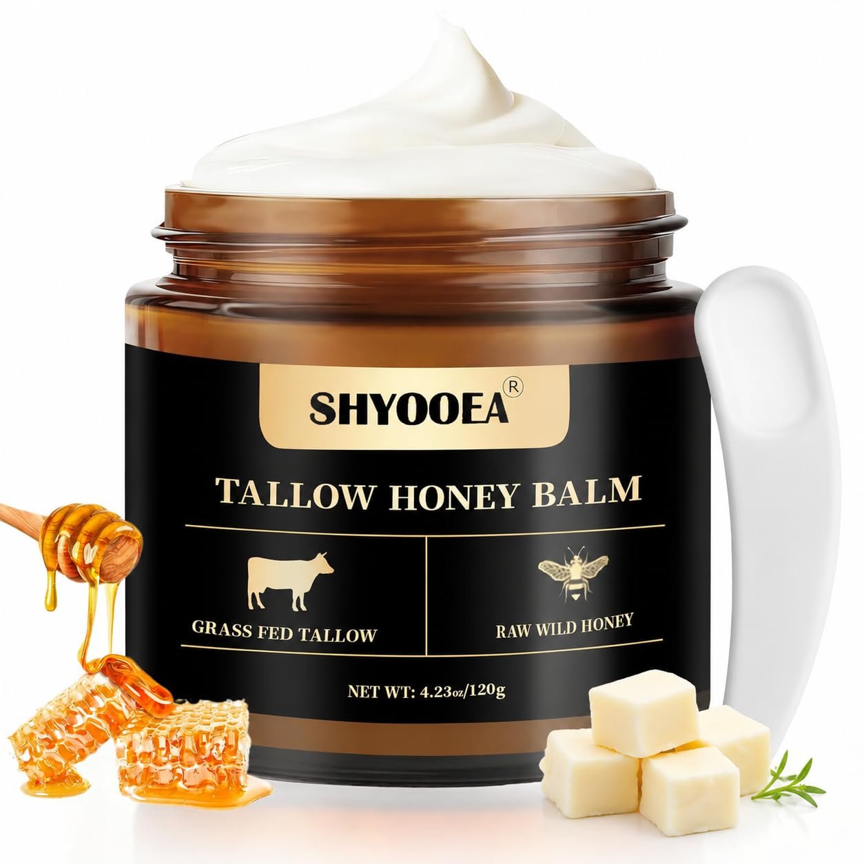 Beef Tallow for Skin, Grass Fed Beef Tallowand Honey Balm for Face, Natural Face Moisturizer withRaw Wild Honey, Bee Wax for Body Skin Soft Smooth120g/4.230z