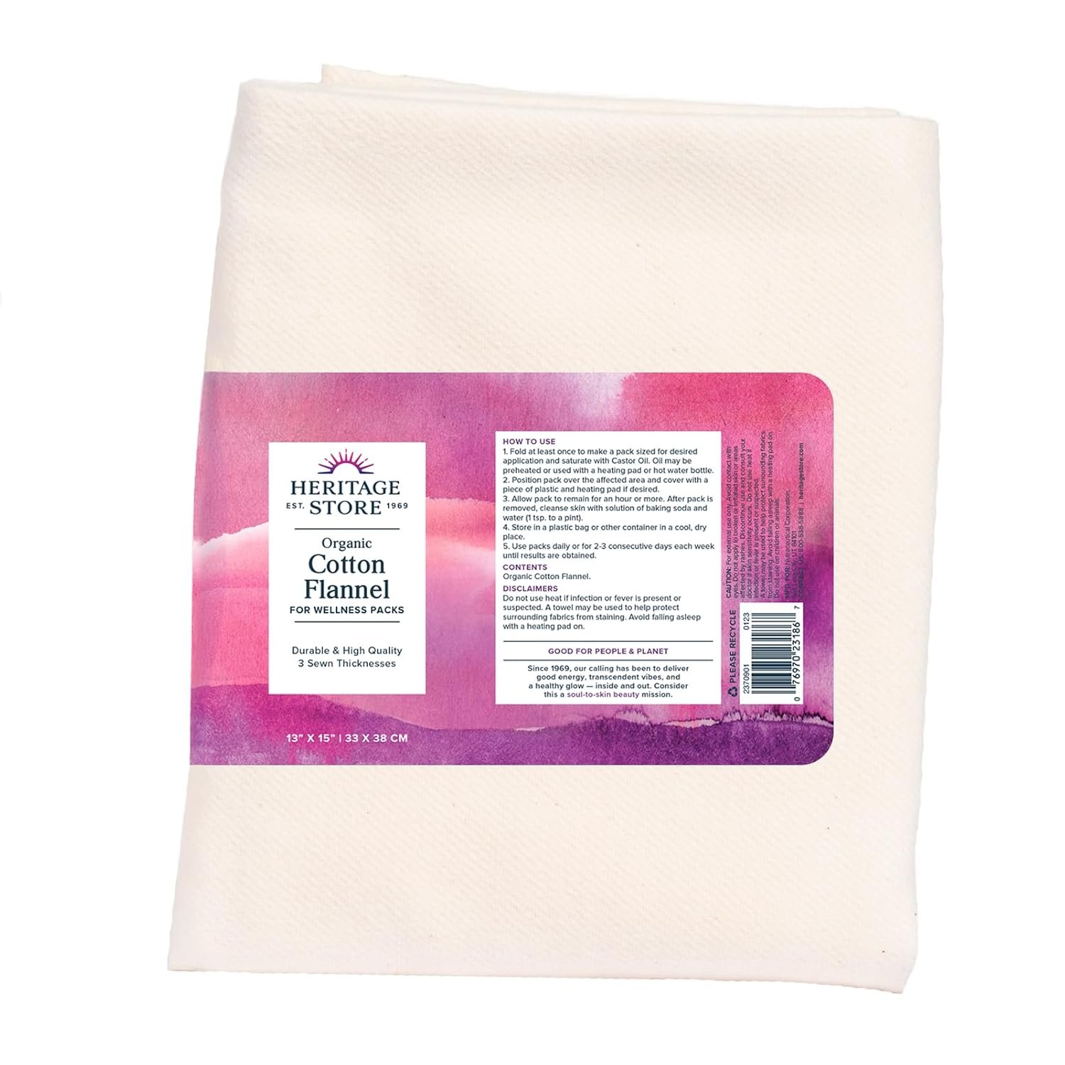 HERITAGE STORE Organic Cotton Flannel – Castor Oil Pack Wrap – Reusable Organic Cotton Flannel Fabric for Castor Oil Packs – Castor Oil Compress for Abdomen and Joints, 60-Day Guarantee, 13 x 15 in