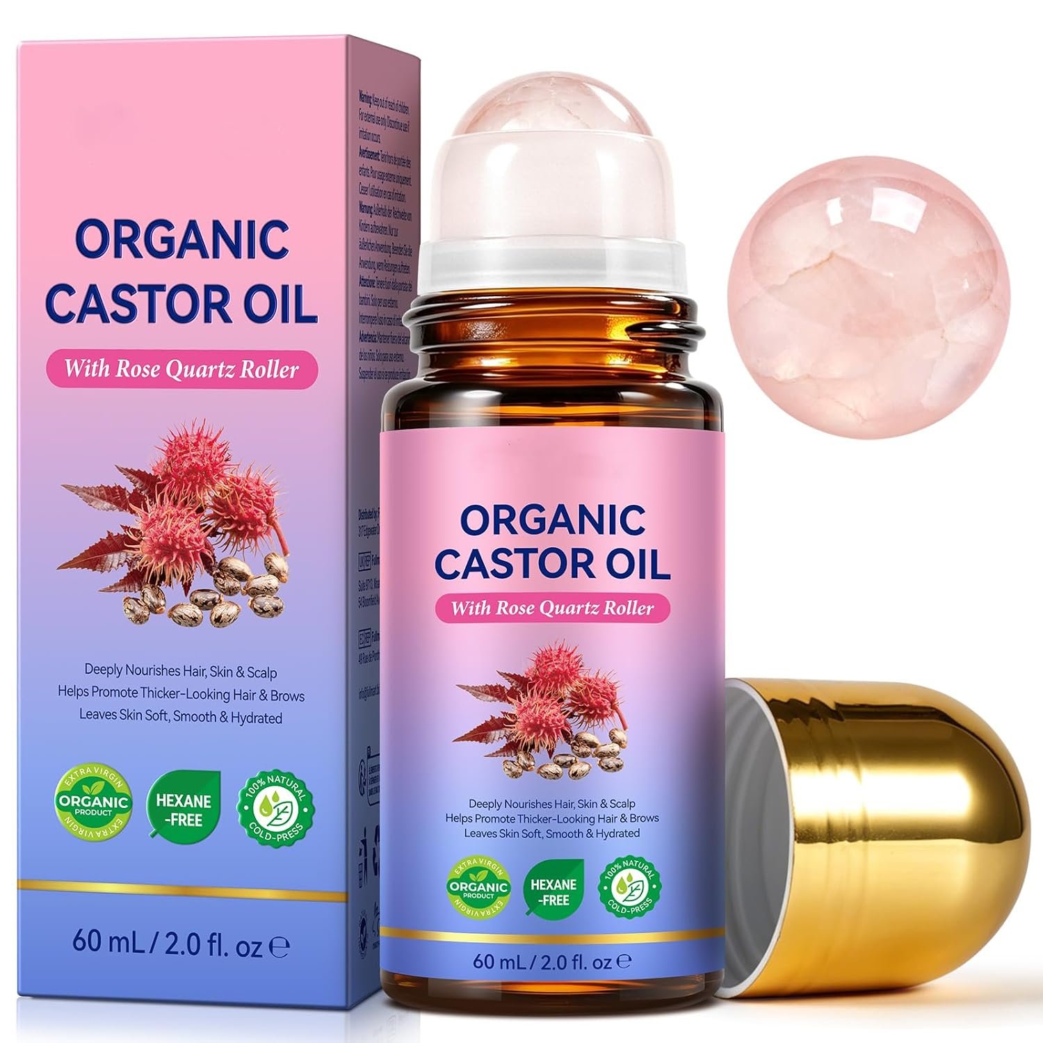 Organic Castor Oil Rose Quartz Roller Ball, Cold Pressed Moisturizing Beauty Oil for Face and Body, Hair, Eyebrows, Portable Nourishing Oil, 2.02 Fl Oz