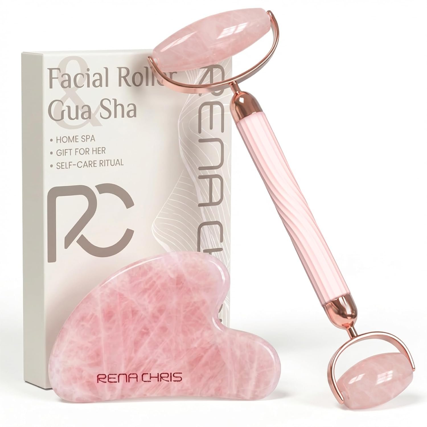 Rena Chris Gua Sha and Face Roller Set: Anti-Breakage Jade Roller for Long-Lasting Use, Jawline Sculpting and Puffiness Reducing, Gua Sha Facial Tools for Self Care Gift (Rose)