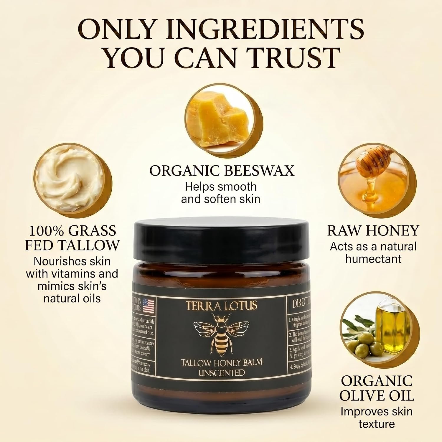 Terra Lotus – Organic Grass-Fed Beef Tallow Balm with Raw Honey – Moisturizing Cream for Soft, Smooth Skin – Handmade All-Natural Moisturizer (2 Oz, Citrus)