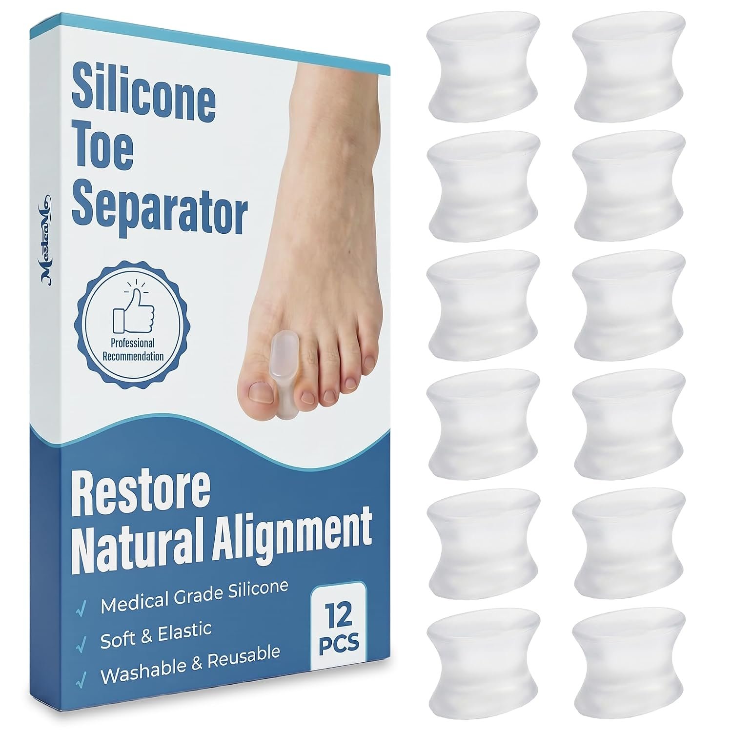 12 Pack Gel Toe Separators & Spacers – Aloe Infused Bunion Pads for Overlapping Toes, Hammer Toes & Big Toe Alignment – Medical Grade Toe Straightener for Men & Women, Transparent & Washable (M)