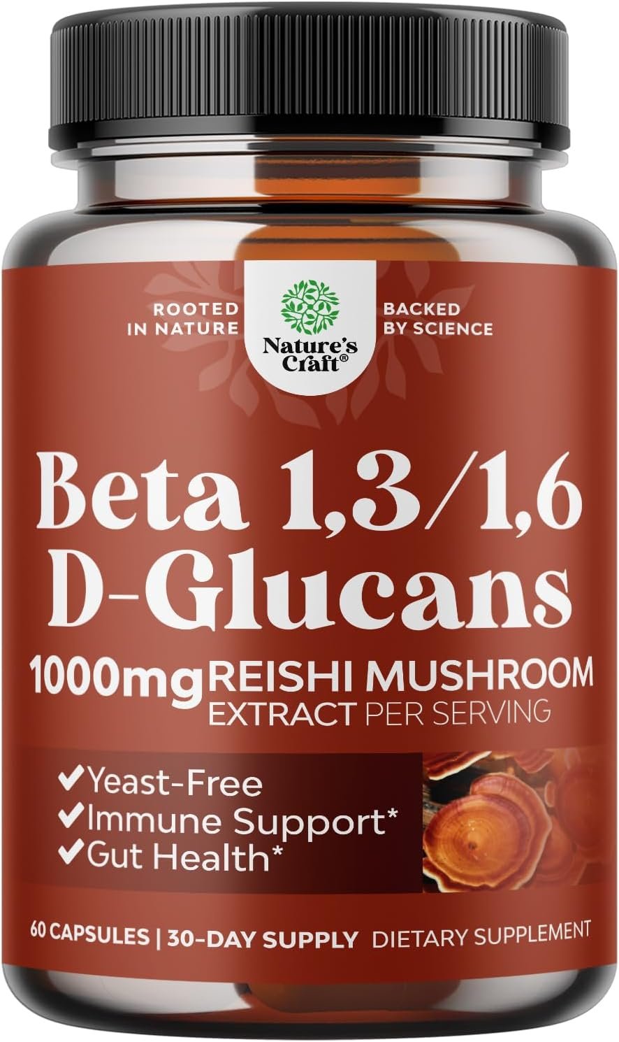 Reishi Mushroom Extract 1000mg – Mushroom Supplement with 1,3 & 1,6 Beta Glucans for Immune Support, Body Detox & Overall Wellness – Ganoderma Lingzhi Beta Glucan Supplements for Adults – 60 Ct