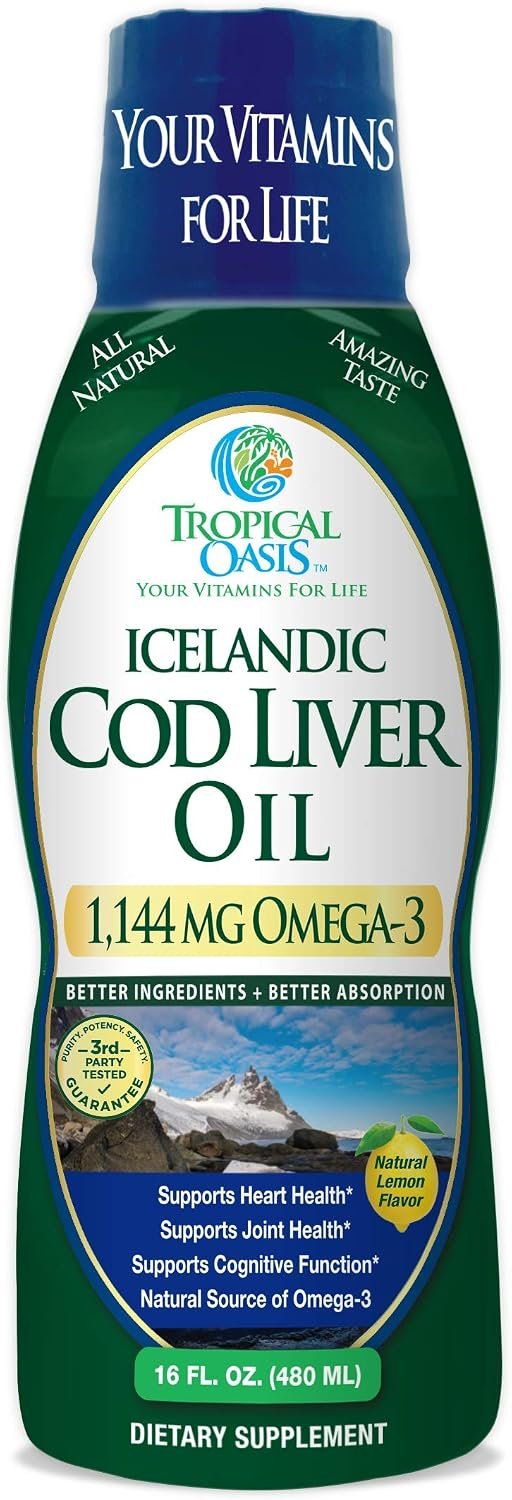 Tropical Oasis – Icelandic Cod Liver Oil | Maximum Strength 1144mg of Liquid Wild-Caught Natural Omega-3 Fish Oil (Lemon Flavor, 90 Servings)