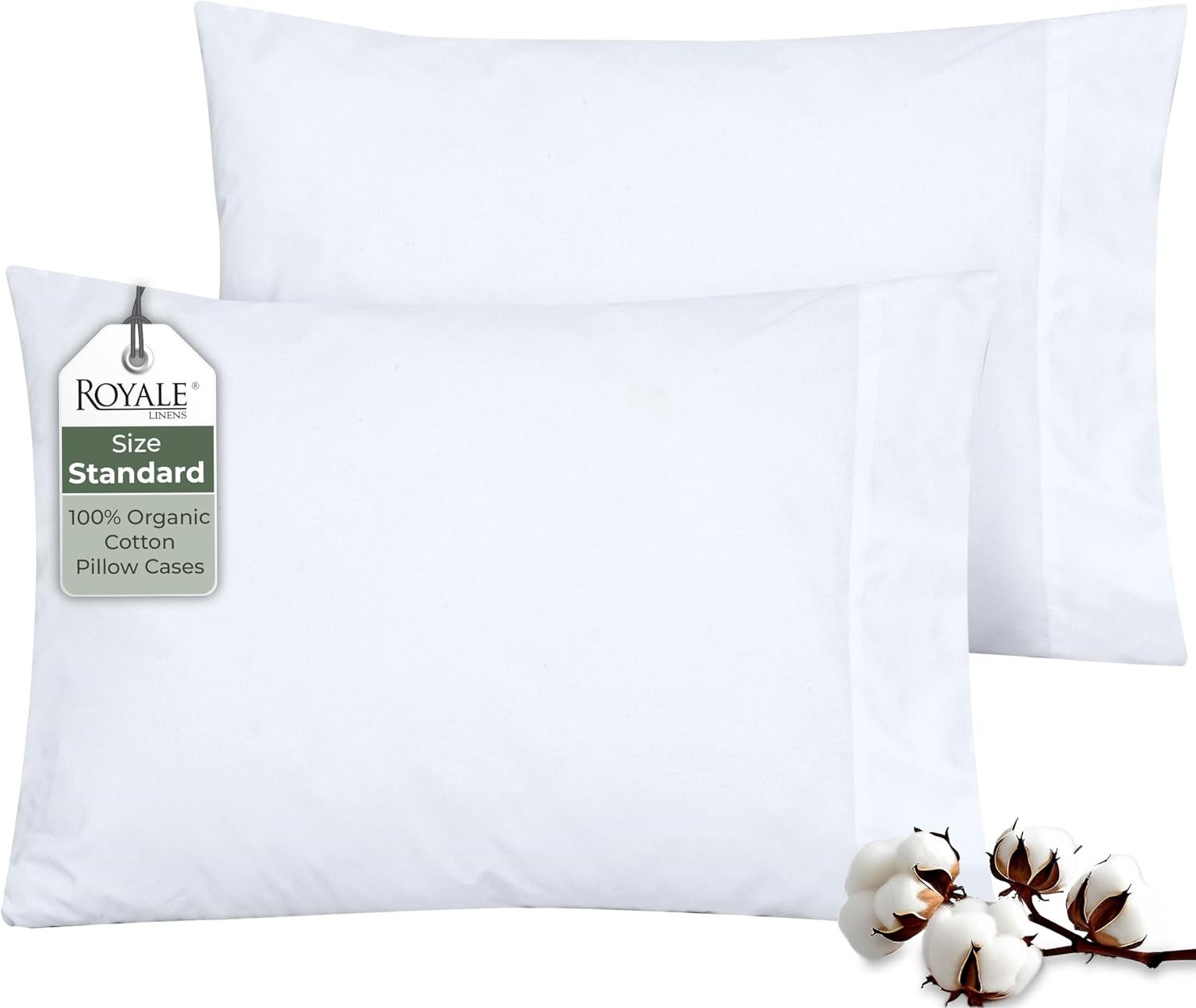 ROYALE LINENS 100% Organic Cotton Percale Pillowcases Set of 2 – Standard Size Percale Pillowcase – Standard Set of 2 Pillow Cover – Breathable, Cool & Crisp White Pillow Cases (20″x26″, White)