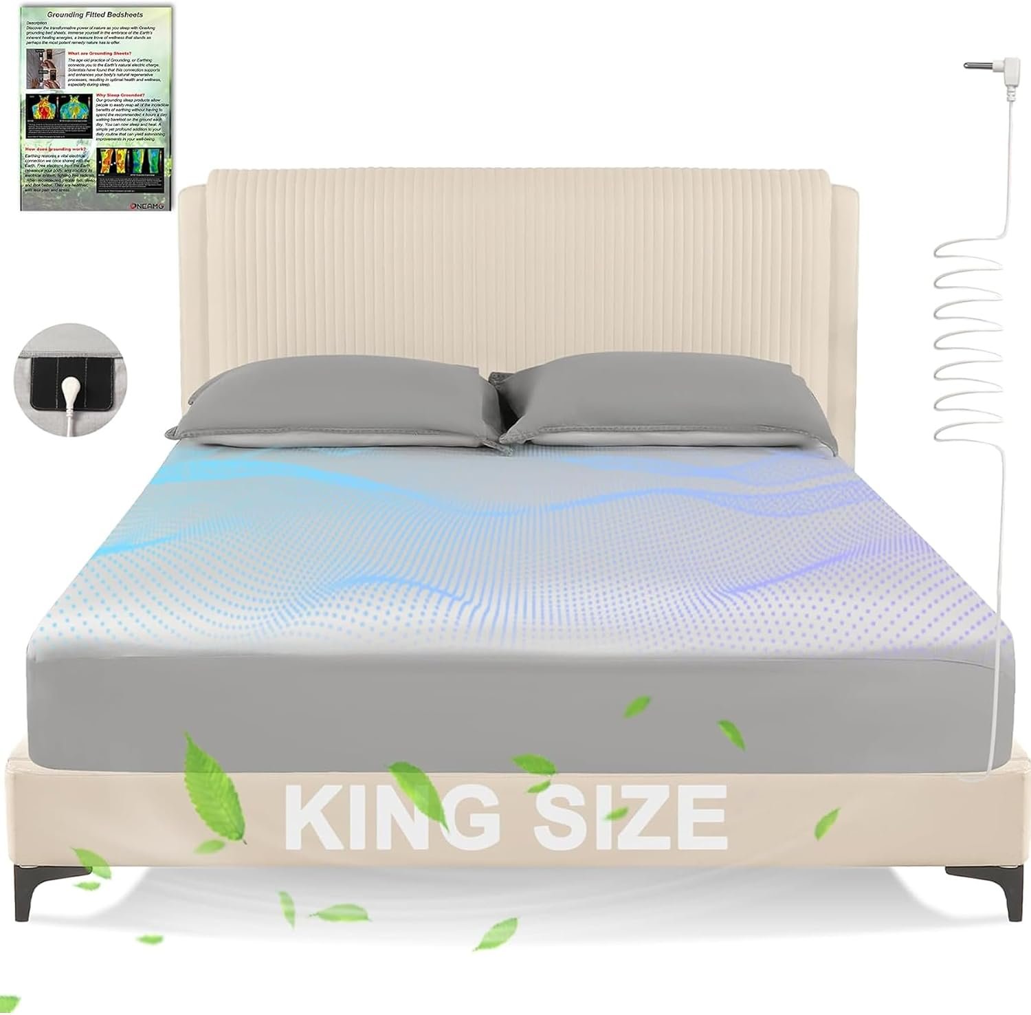 Grounding Sheets King, 90% Organic Cotton 10% Pure Silver Fiber Conductive Grounded Sheet, Deep Pocket Grounding Sheet for Pain Relief & Healthy Sleep Therapy, Gray