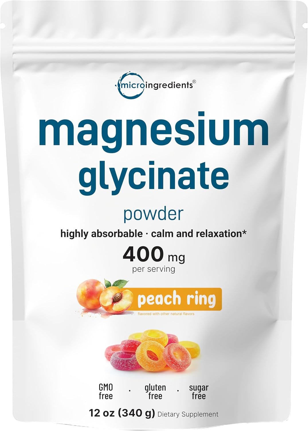 Magnesium Glycinate Powder, 12oz (56 Servings) | Sweet Peach Ring Flavored | Sleep, Muscle, Heart & Nerve Health Support* | Chelated Magnesium Supplement | Non-GMO, Vegan, Sugar Free