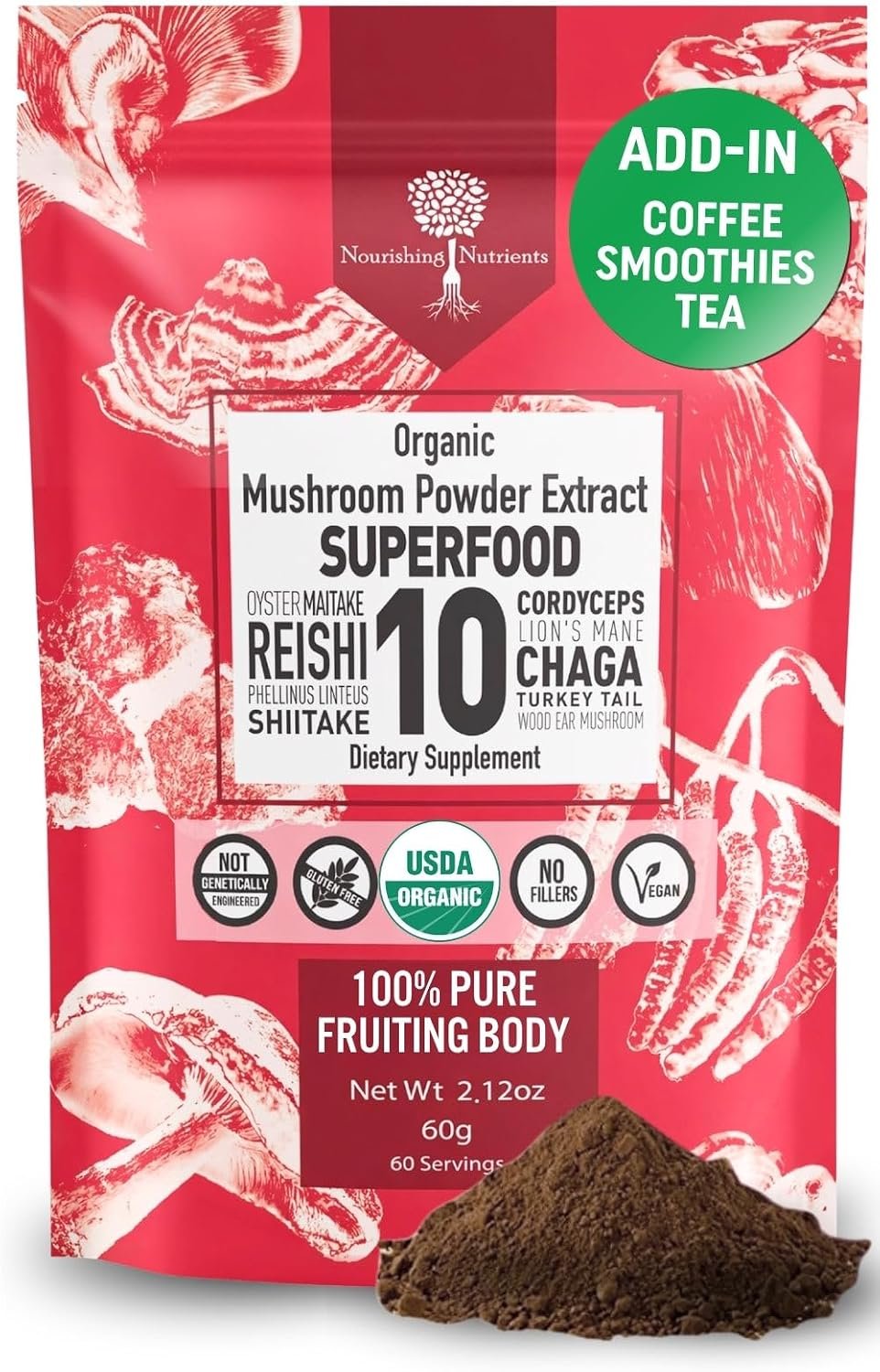 USDA Organic 10 Mushroom Supplement Powder, 14,000mg High Potency – 60gr