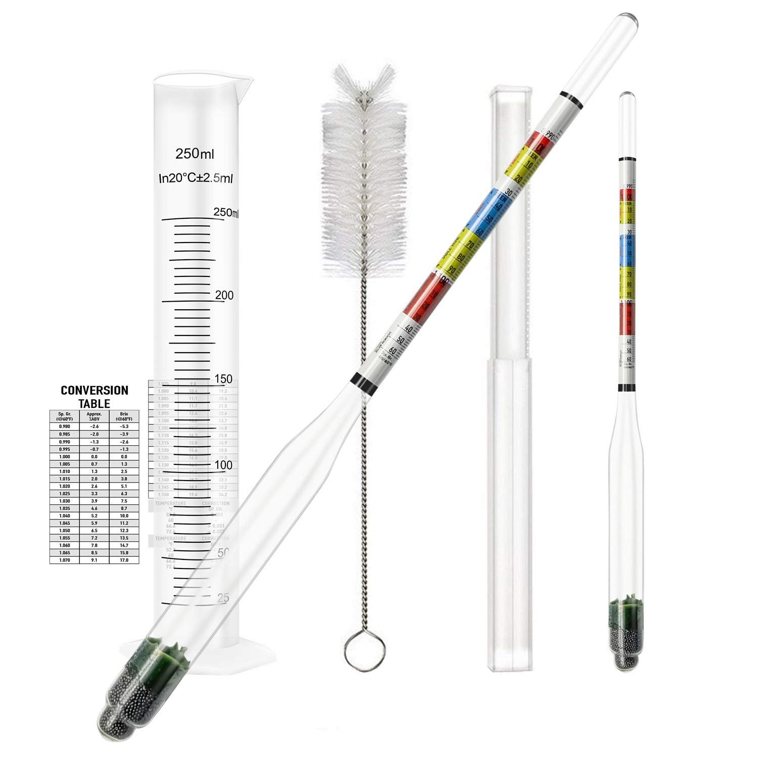 Triple Scale Alcohol Hydrometer(2 pcs)and Test Jar for Home Brew, Wine, Beer, Mead, Cider & Kombucha – Combo Set of 250ml Plastic Cylinder, Cleaning Brush, Storage Bag – ABV, Brix and Gravity Test Kit