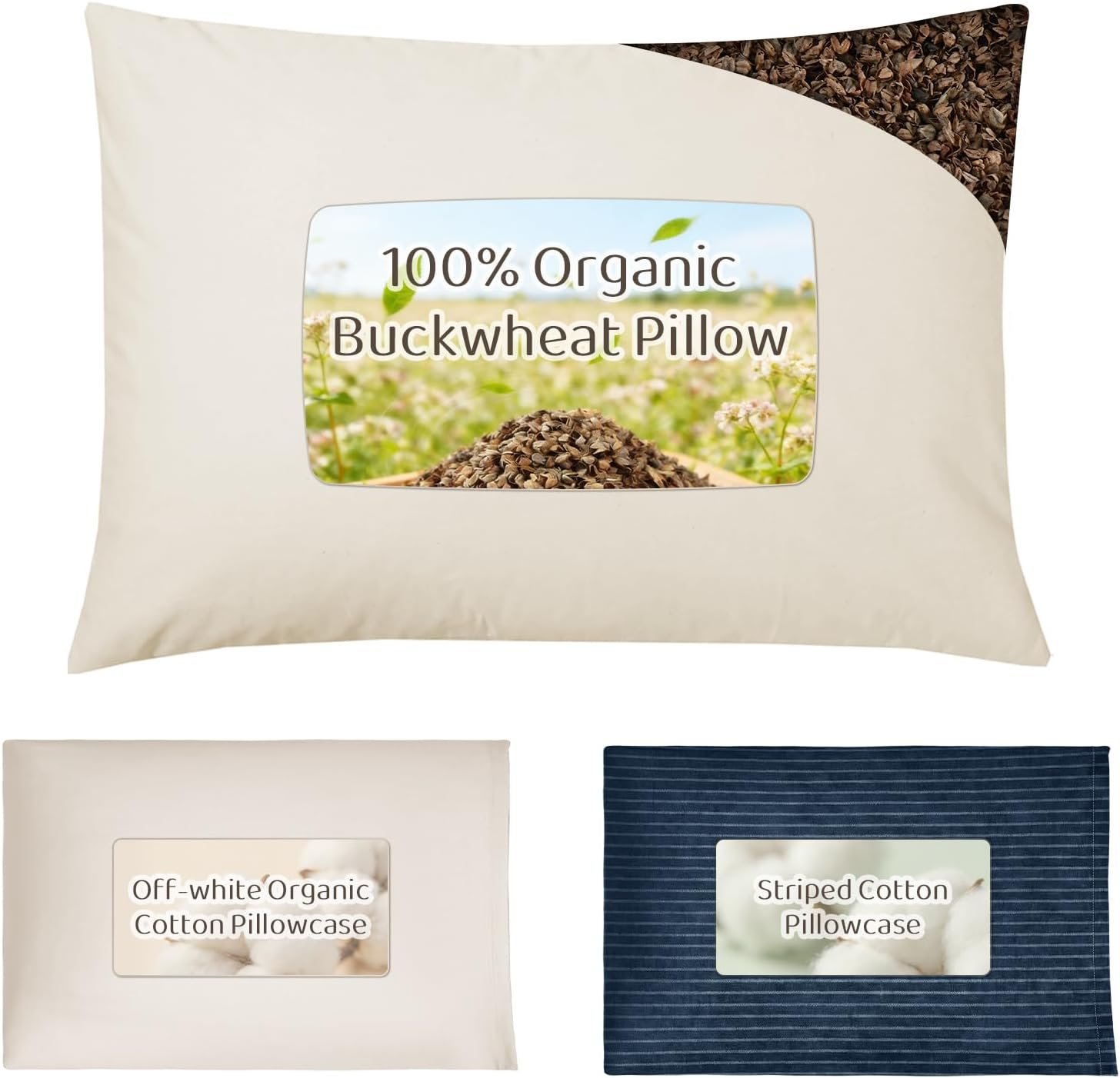 Buckwheat Pillow with Two Cotton Pillowcases – 16X22 Buckwheat Hull Pillow with Firm Neck Support, Adjustable Height and Firmness for All Sleepers, buckwheat Pillow for Cool Sleep, Navy