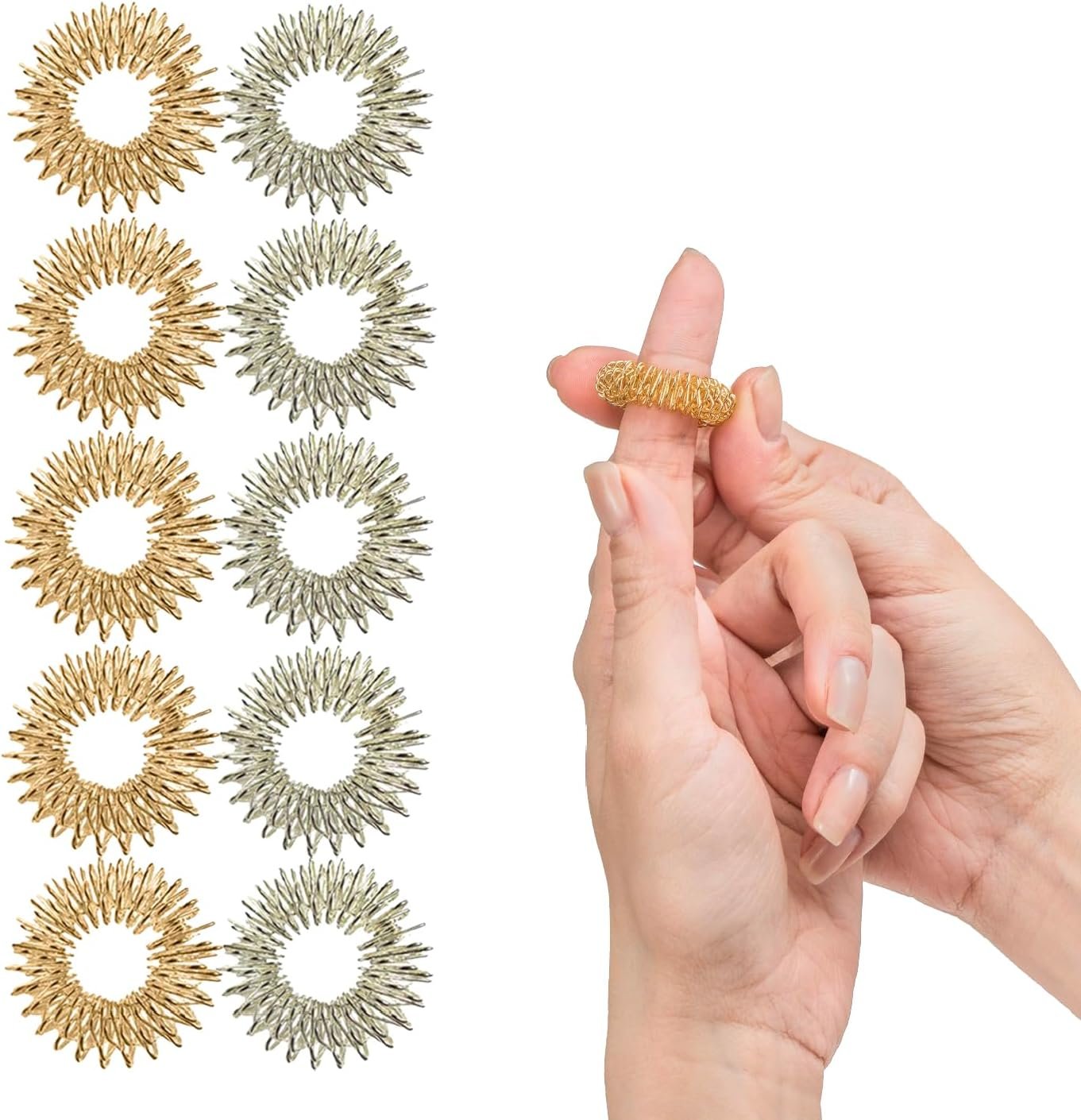 IMPRESA Spiky Sensory Acupressure Fidget Rings – 10-Pack, 1 in Dia, Silver & Gold – Stress Relief Fidget Ring – Tactile Stimulation with Spiky Sensory Band – Compact Stress Relief Toy