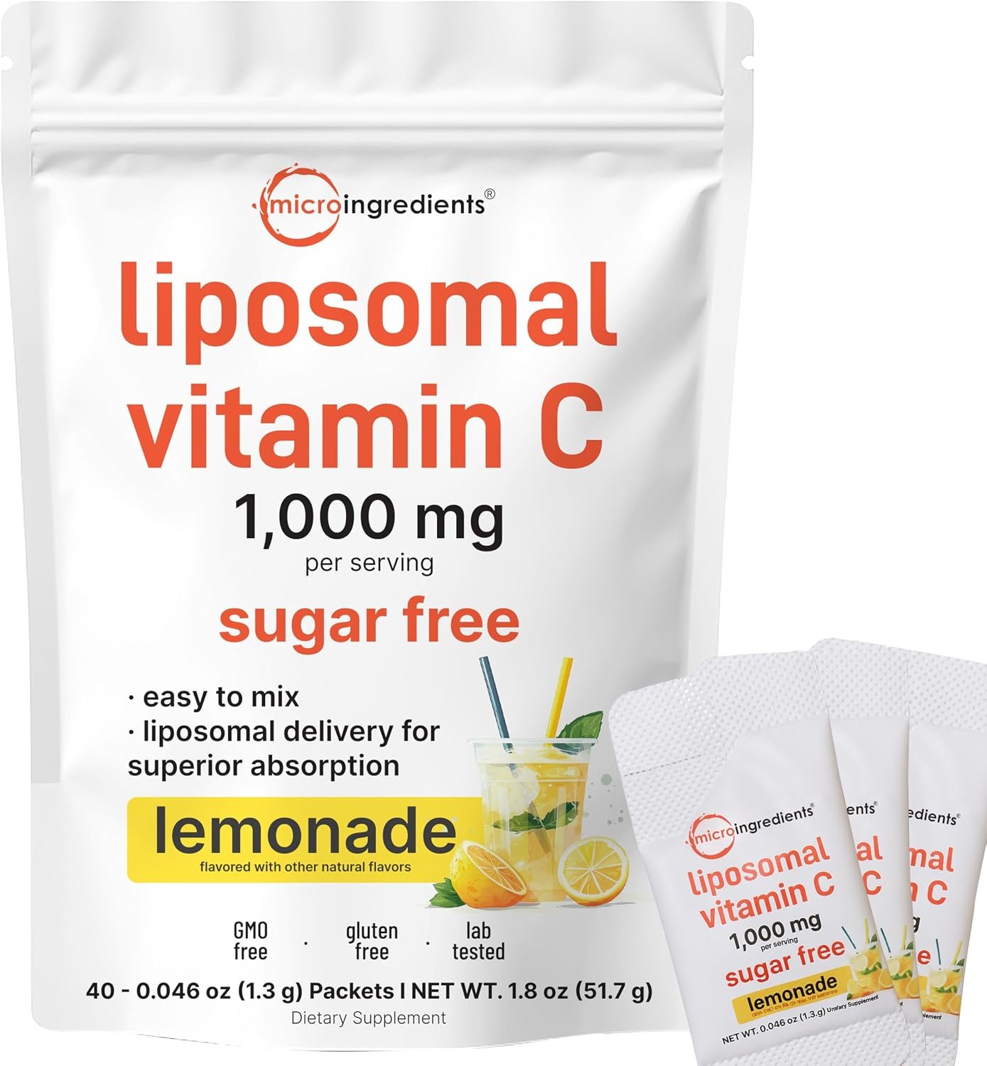 Micro Ingredients 1,000mg Vitamin C Powder Packets for Daily Immune Support*| Sugar Free Drink Mix | Liposomal Fat-Soluble Form for Better Absorption | 40 Travel Packets, Lemonade Flavor