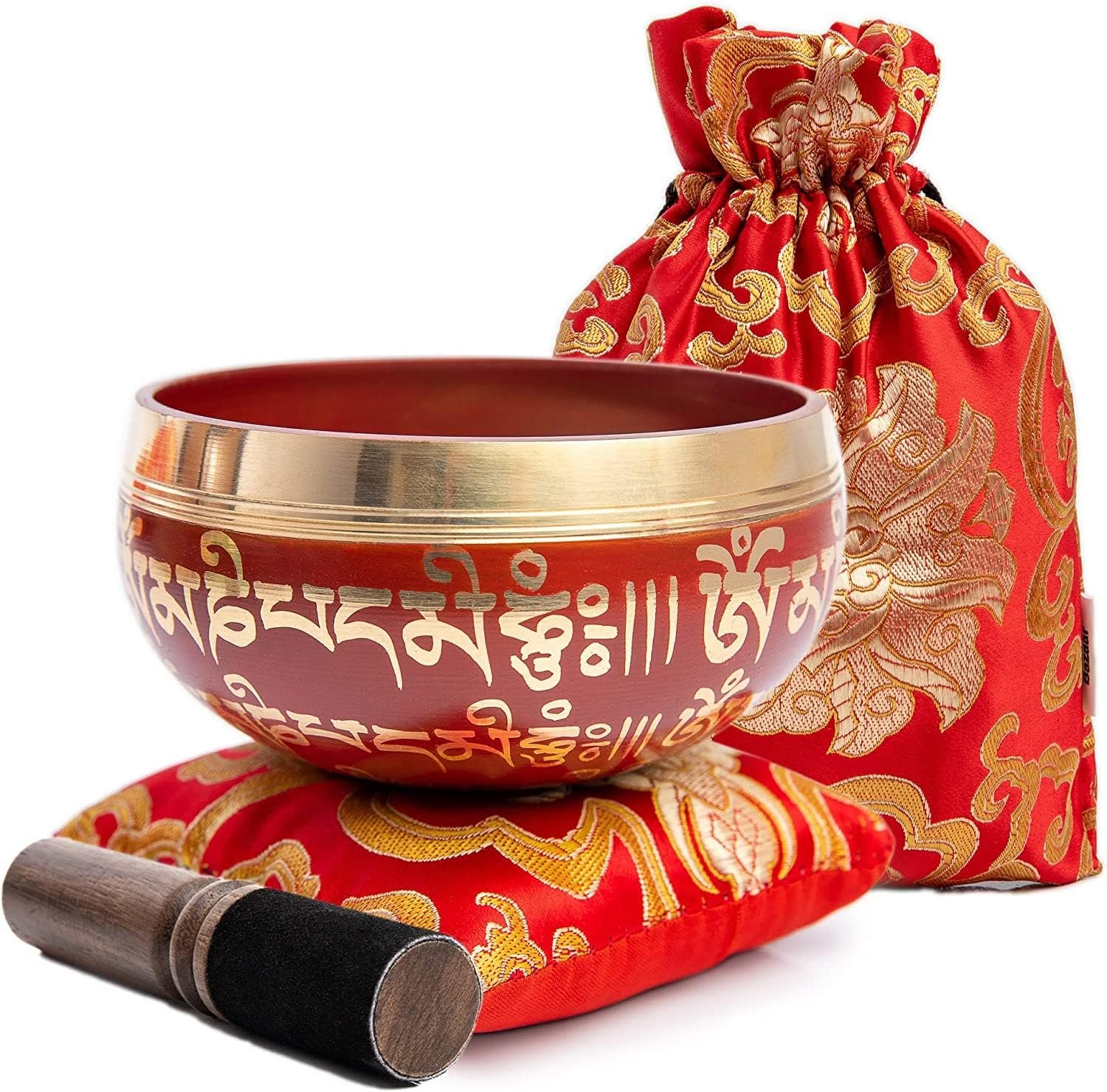 Tibetan Singing Bowl Set – Easy To Play for Beginners – Authentic Handcrafted Mindfulness Meditation Holistic Sound 7 Chakra Healing Gift by Himalayan Bazaar (Crimson)