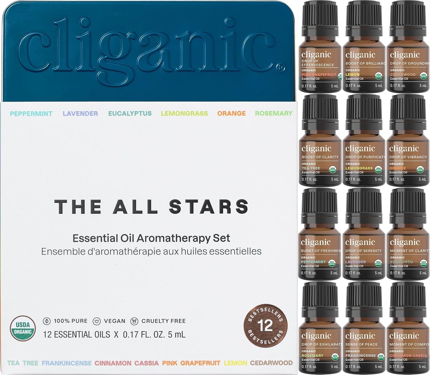 Cliganic Organic Aromatherapy TOP 12 Essential Oils Set, 100% Pure – Peppermint, Lavender, Eucalyptus, Tea Tree, Lemongrass, Rosemary, Frankincense, Orange, Lemon, Cassia, Cedarwood & Grapefruit