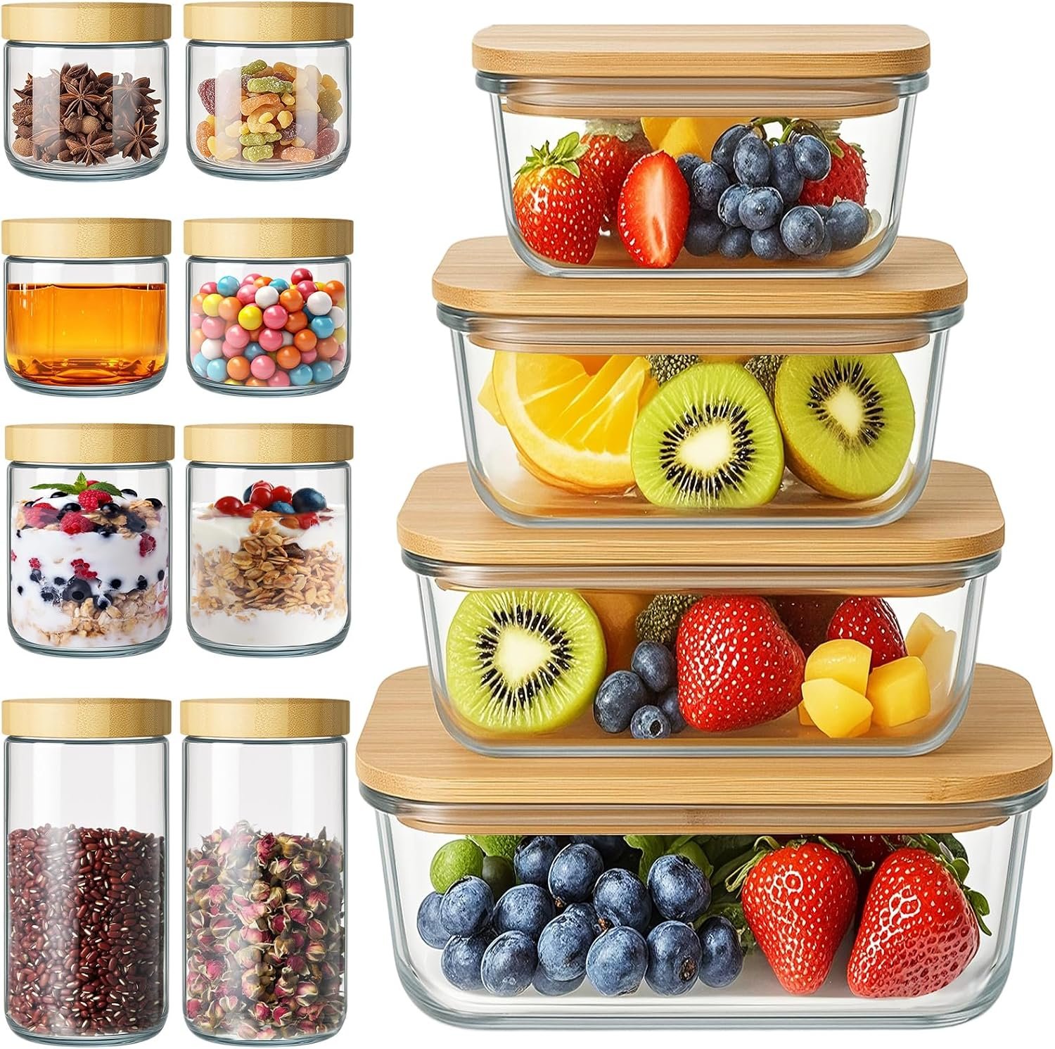 Suclain 12 Pcs Airtight Glass Food Storage Containers with Bamboo Lids Set