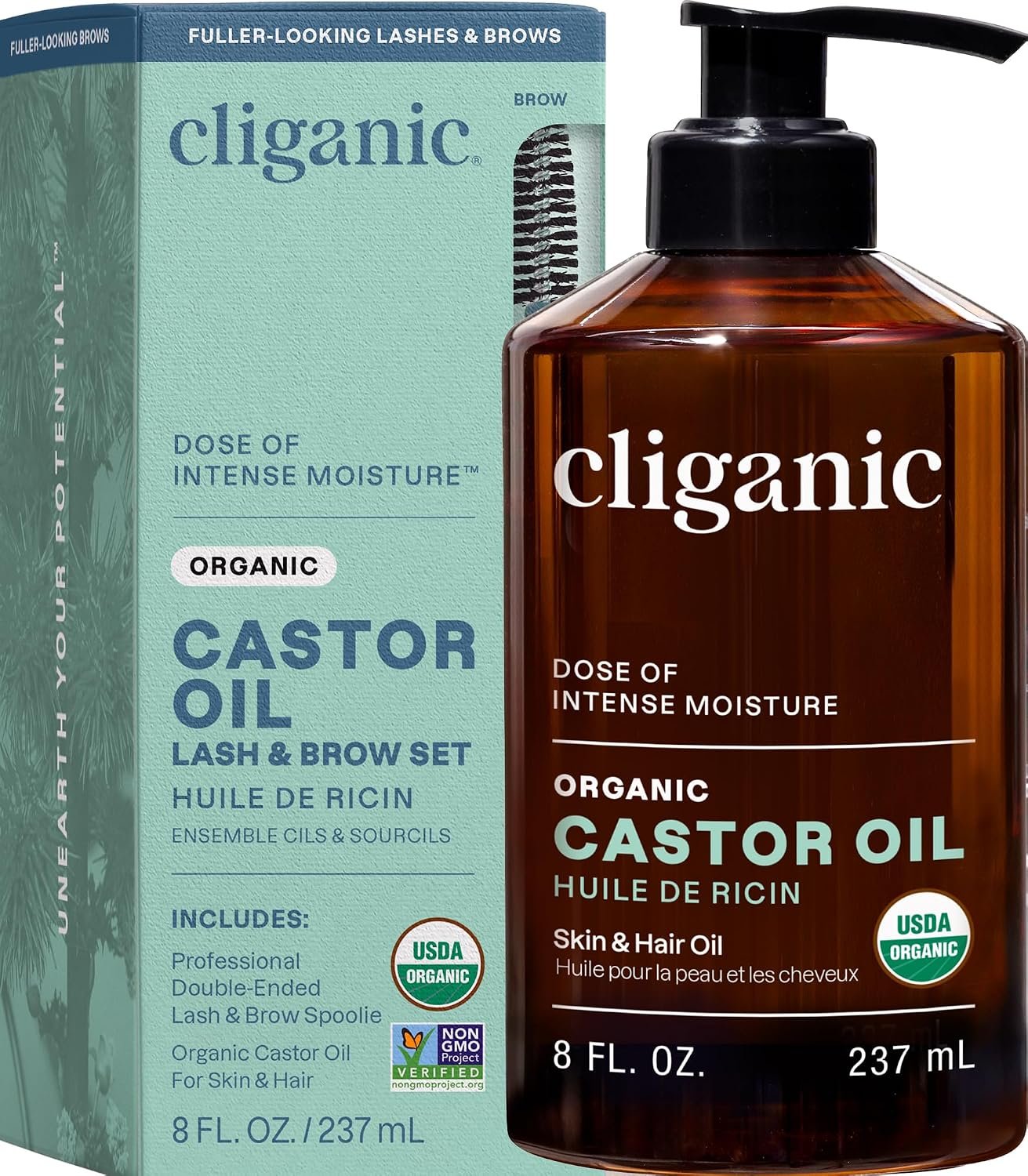 Cliganic Castor Oil Organic Cold Pressed, 100% Pure (8oz with Eyelash Kit) – For Eyelashes, Eyebrows, Hair & Skin | Bulk, Natural Unrefined Hexane-Free | DIY Carrier Oil