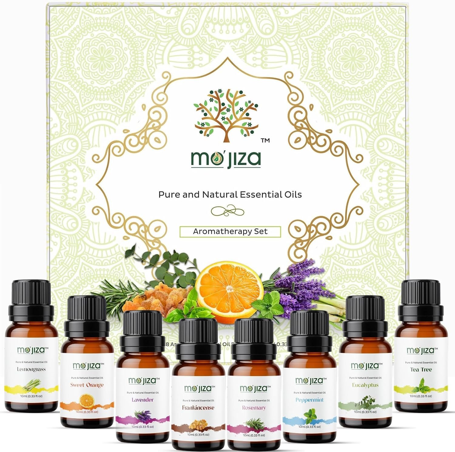 MO’JIZA Pure Aromatherapy Essential Oils Gift Set, 8 Oils-Lavender, Tea Tree, Peppermint, Frankincense, Rosemary, Sweet Orange, Lemongrass, Eucalyptus, 10ml Each Certified Kosher, Vegan & Cruelty Free