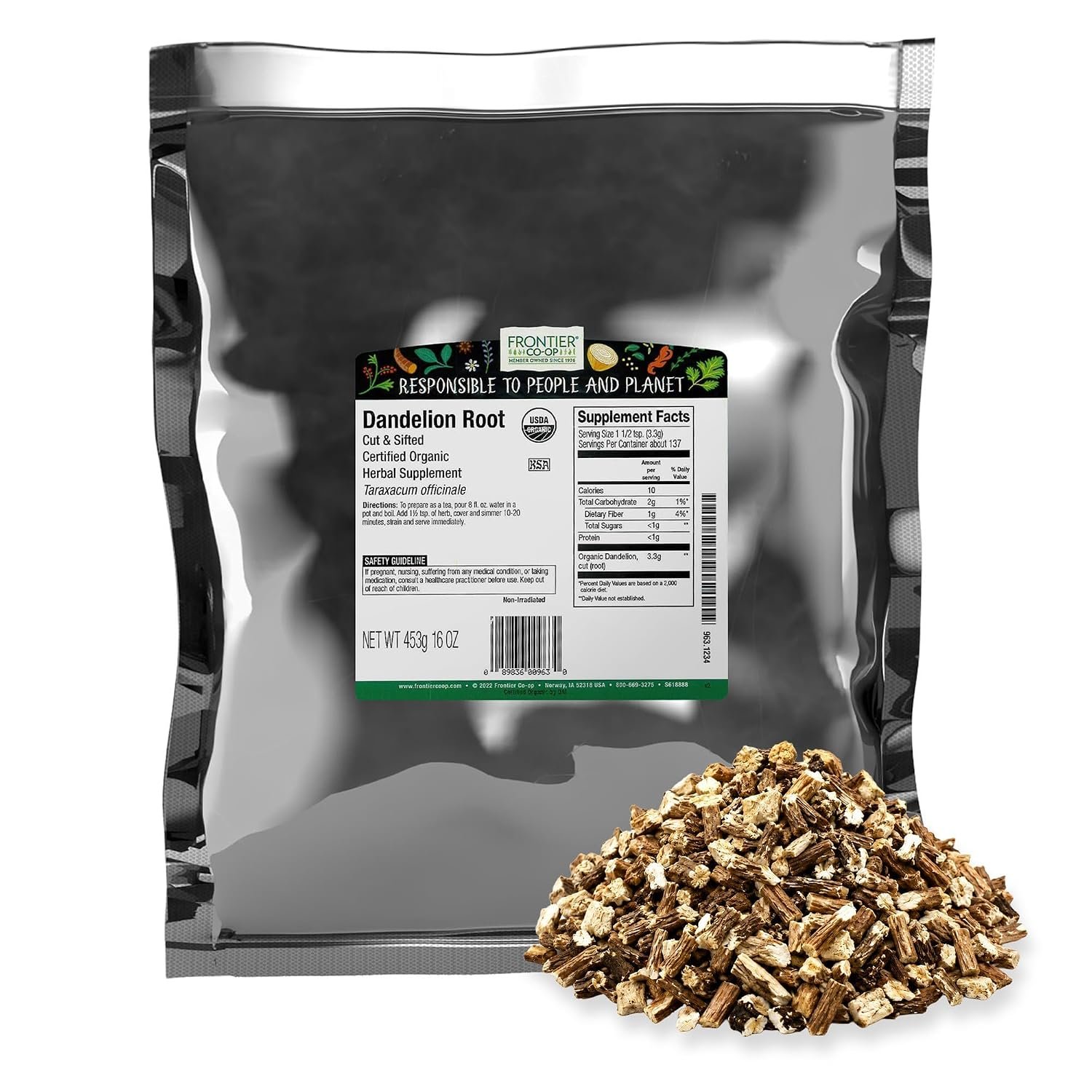 Frontier Co-Op Organic Dandelion Root, Cut and Sifted, 1 Pound