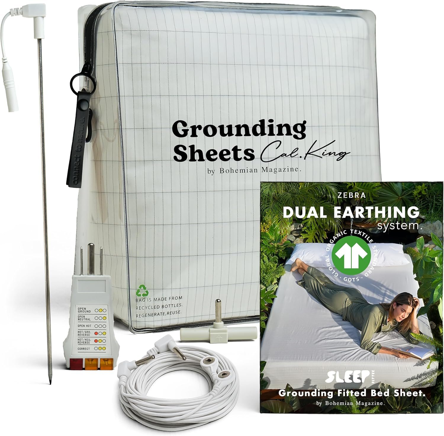 Zebra Grounding Sheets Cal King – Safety Resistor + Organic Cotton Certified – 16.5″ Deep Pocket Earthing Fitted Sheets – 0.25mm Pure Silver – 2X Grounding Power • Dual Connection