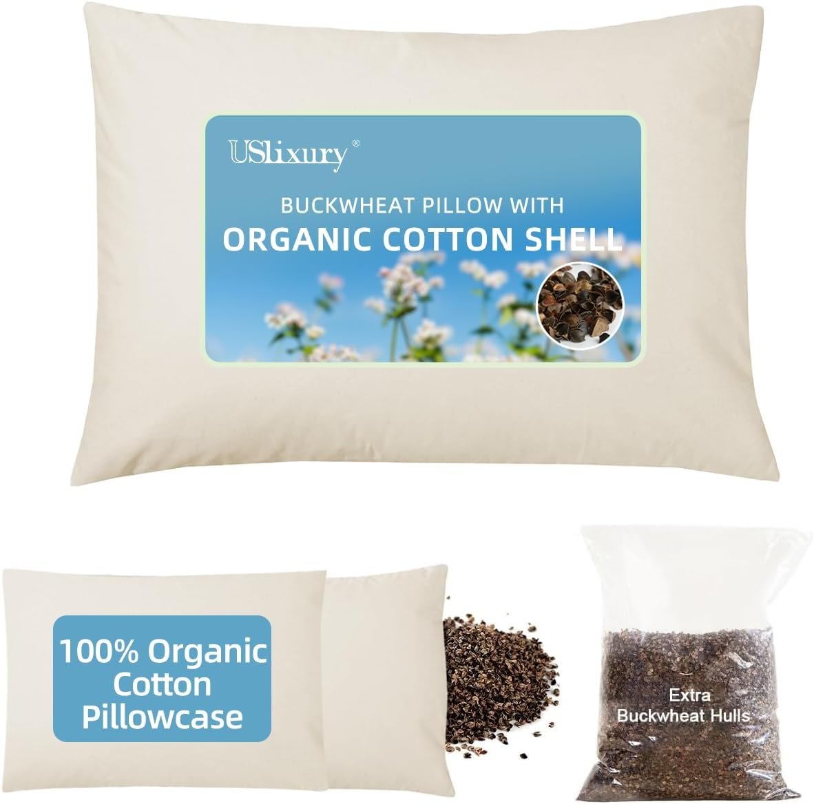 USlixury Organic Buckwheat Pillow 14×20, Adjustable Height, Neck Support