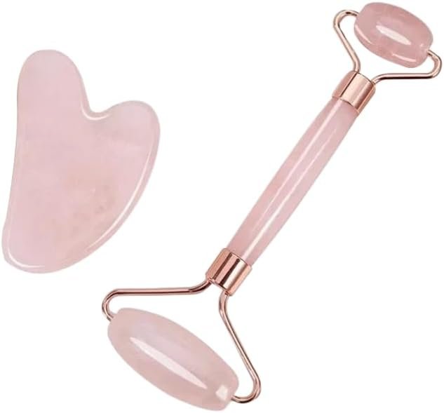 Facial Roller Set with Dual-Ended Massage Tool, Gua Sha Scraper for Face Lifting, Puffiness Relief (2PC,Pink)