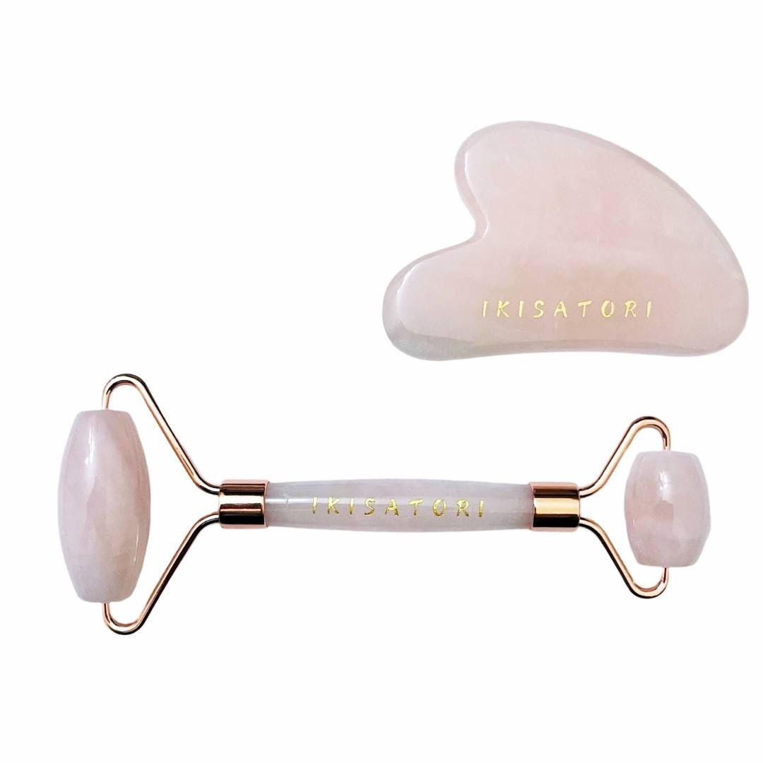 Rose Quartz Natural Stone Curved Facial Roller & Guasha Set – Jade Facial Massage and Face Sculpting Tool by Ikisatori (Rose Quartz)