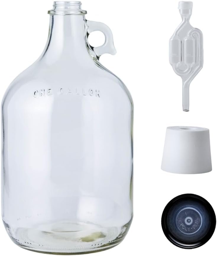 FastRack 1 Gallon Glass Jug with Black Polyseal Caps, 6.5G Rubber Bungs & Twin Bubble Airlocks – Fermentation Jars for Home Brewing, Clear Glass Fermenter Containers for Liquid Fermentation