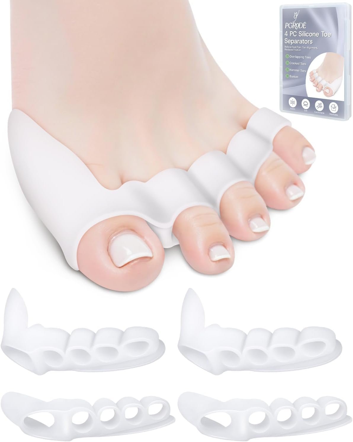 PGRODE 4PC Silicone Toe Separators Spacers for Women and Men Bunion Protector, Overlapping Toe Corrector Toe Alignment, Foot Pain Relief, Reduces Friction, Day and Night Use
