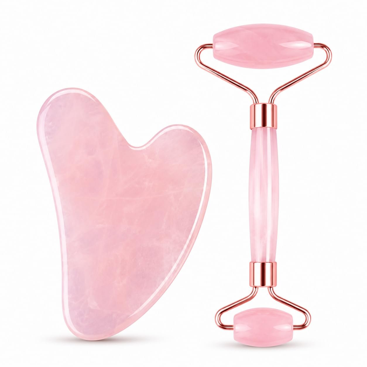 WHAL&YUNE Rose Quartz Gua Sha and Face Roller Set, Natural Gemstone Rose Quartz Stone Facial Massage Tools for Face, Neck, Skin Care, Lymphatic Drainage