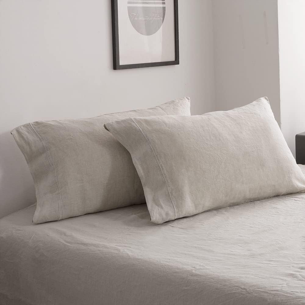 Simple&Opulence 100% French Linen Pillowcase Queen Size-Set of 2- Washed Solid Color Pillow Cases Embroidered -Soft and Durable (Linen, 20”x30”)