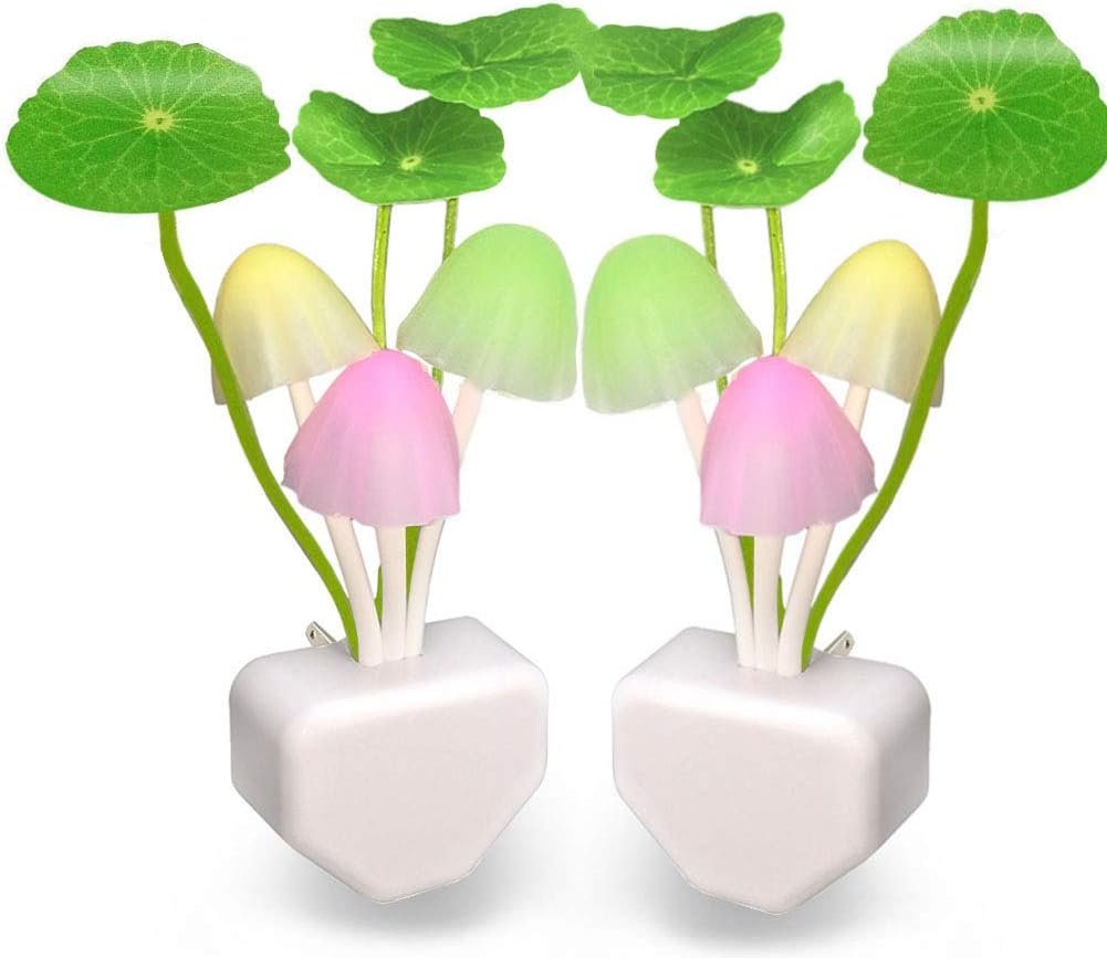 [2 Pack] UTLK Plug in LED Mushroom Night Light Lamp with Dusk to Dawn Sensor, Cut Color Changing Bed Nightlight LED Wall Light