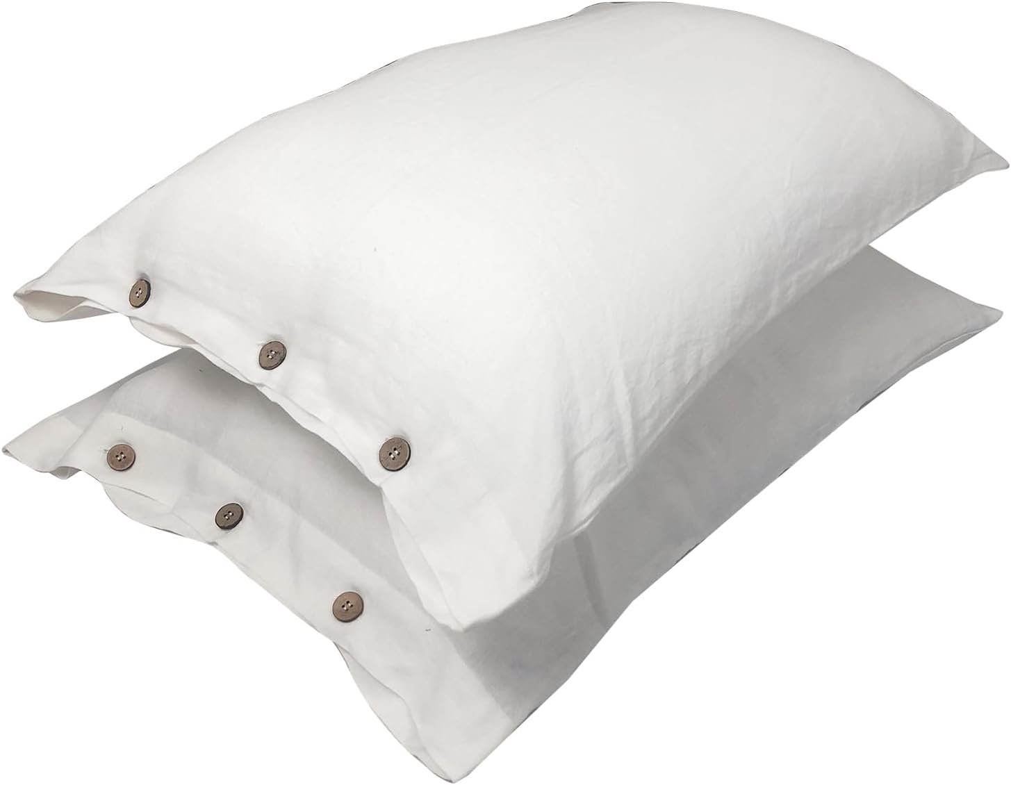 100% Pure Linen Pillowcases, Set of 2 – Natural White Standard Size with Coconut Button Closure. (White)