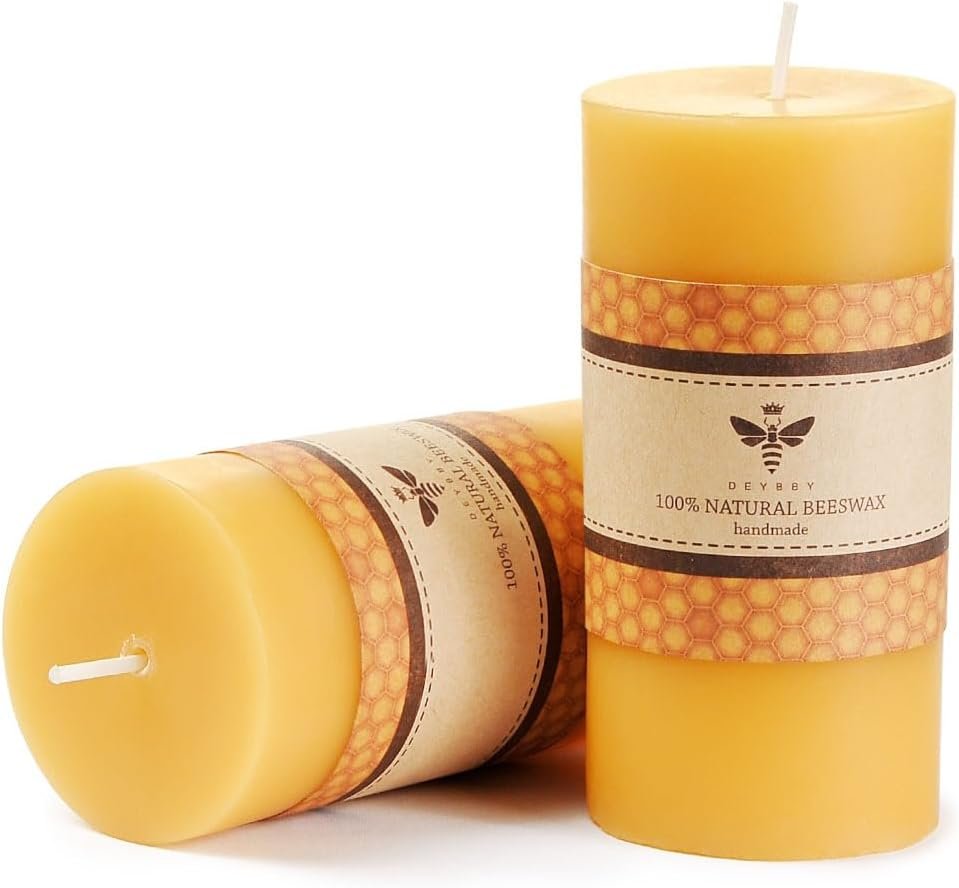 DEYBBY Yellow 2×4 inch Natural Beeswax Pillar Candle Set of 2