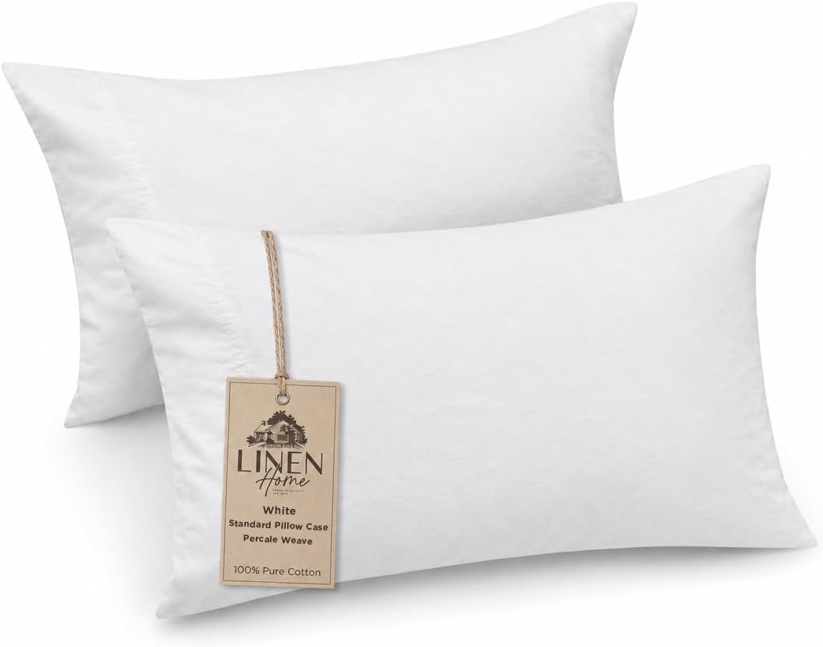 Linen Home Classic 100% Cotton Percale Pillowcases Queen Size, 2 Pieces, Crisp Cool All-Season Breathable Pillowcases, Hotel Luxury, Long-Staple Combed Cotton, White, 20 x 30 Inches