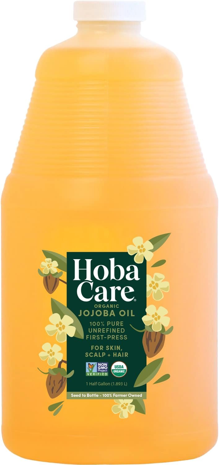 HobaCare Bulk Cold Pressed Organic Jojoba Oil – Natural 100% Pure Hexane Free Unrefined Carrier Oil for Skincare, Beard, Hair, Face, Scalp Massage, Bath, Facial (64 oz Half Gallon)